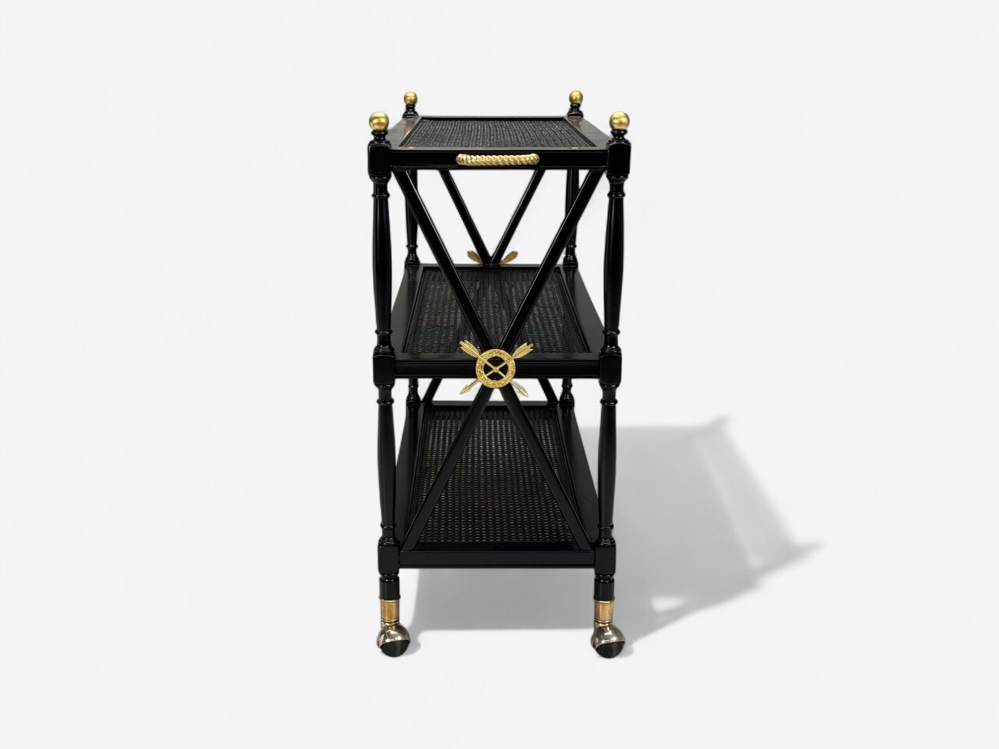 Federal Style, Painted Wood, Cane, Ebonized Bar Cart, USA, 1970s