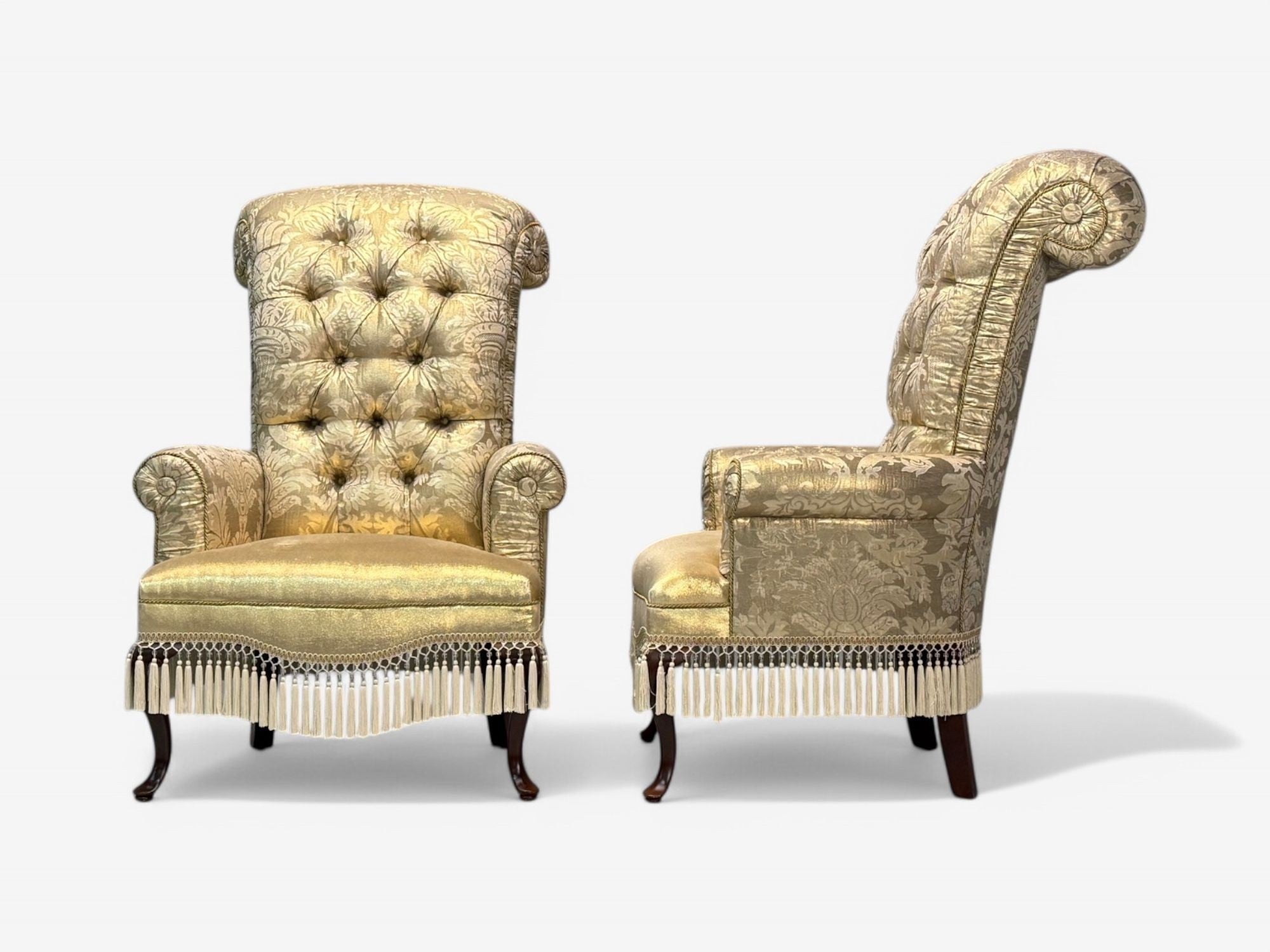 Victorian Style, Large Armchairs, Silk Fabric, Stained Wood, USA, 20th C.