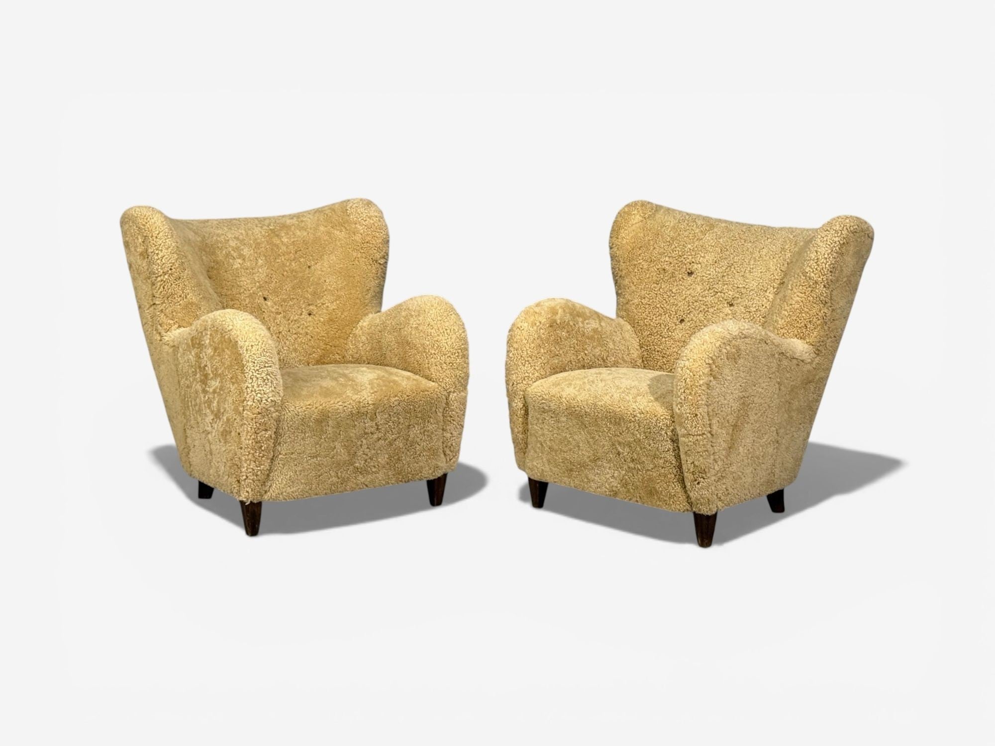 Swedish Modern, Organic Lounge Chairs, Shearling, Wood, Sweden, 1940s