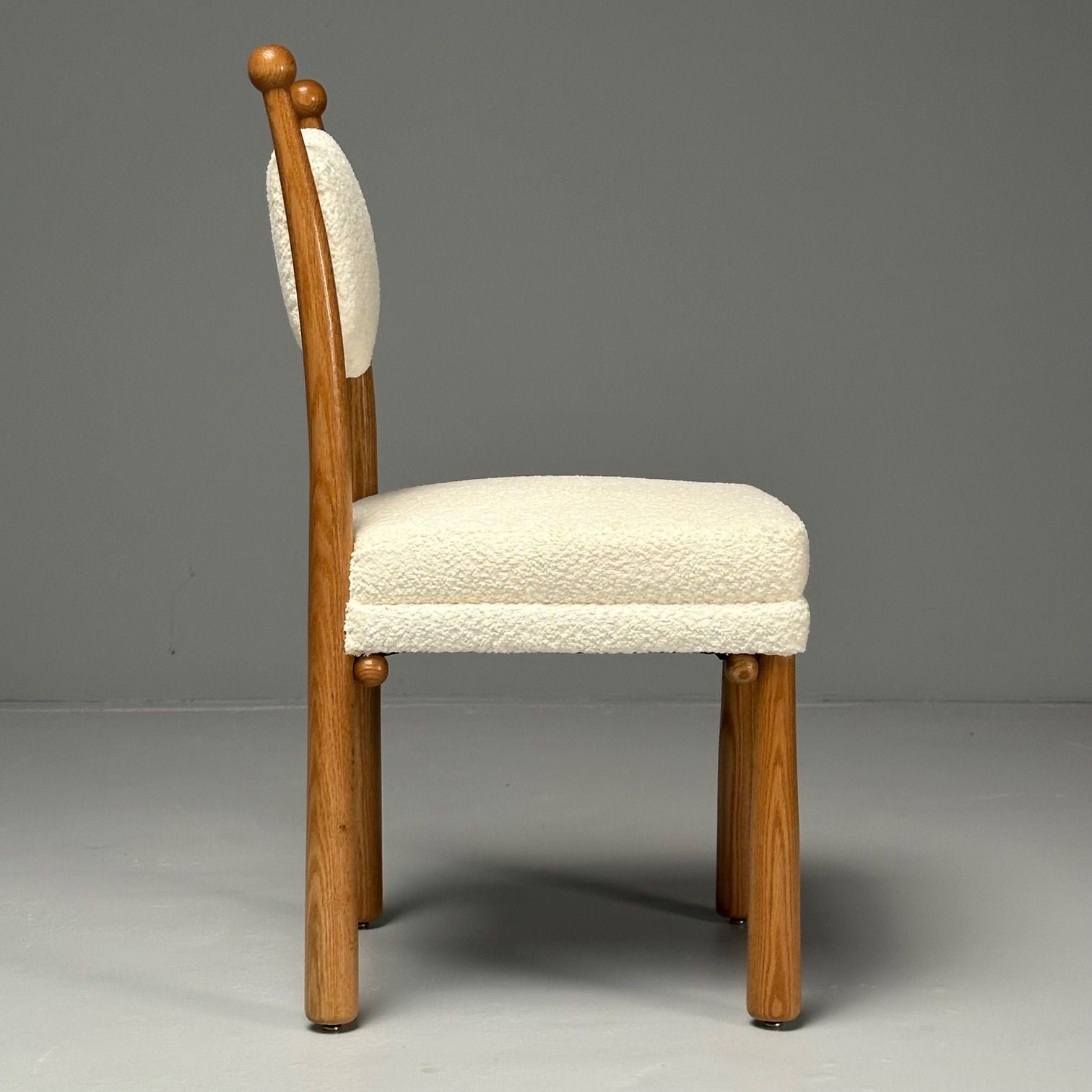 French Mid-Century Modern Style, Oak, White Boucle, Ten Dining Chairs, 21st C.