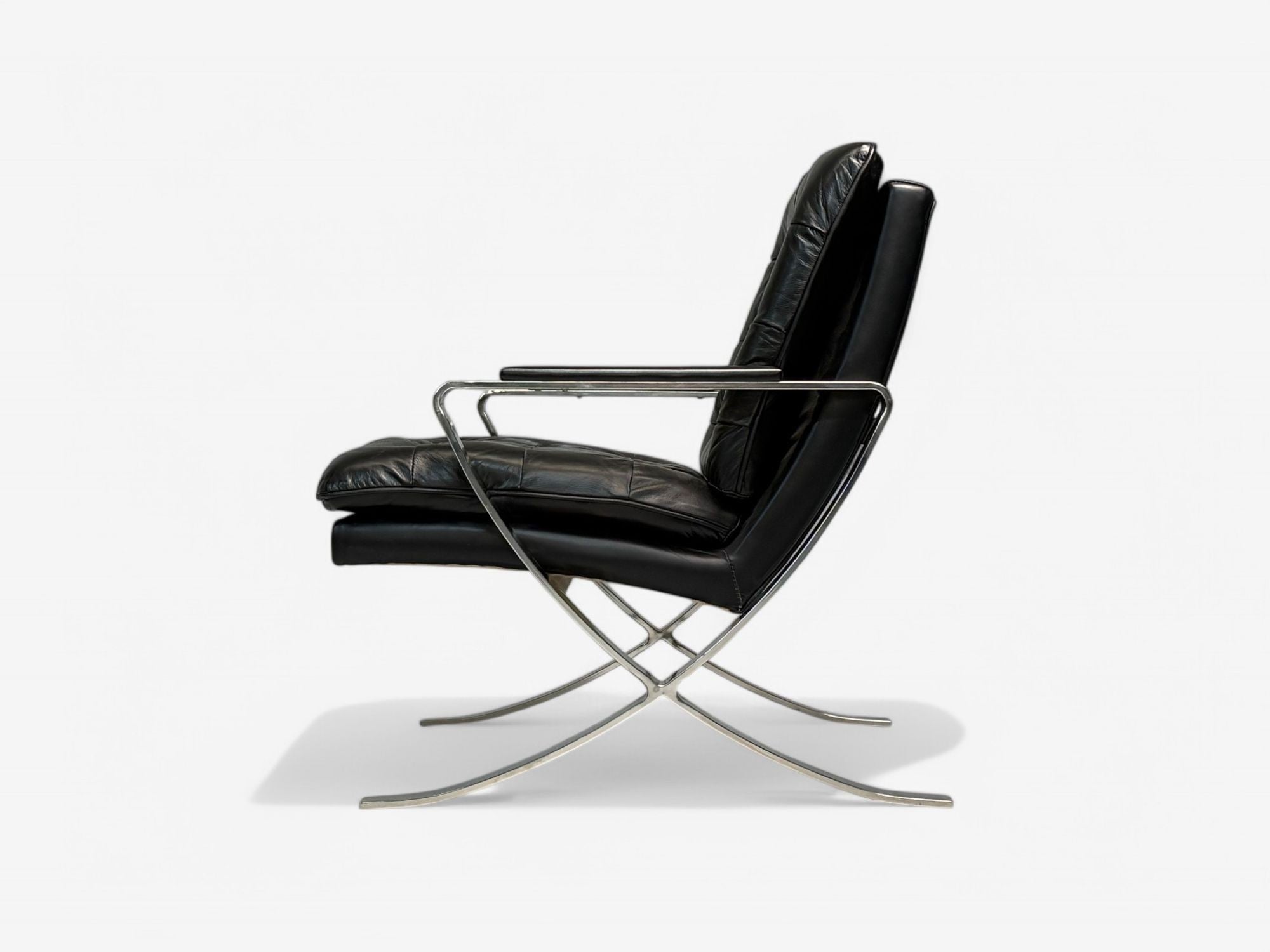 American Mid-Century Modern, Black Leather, Chrome, Lounge Chairs, USA, 1980s