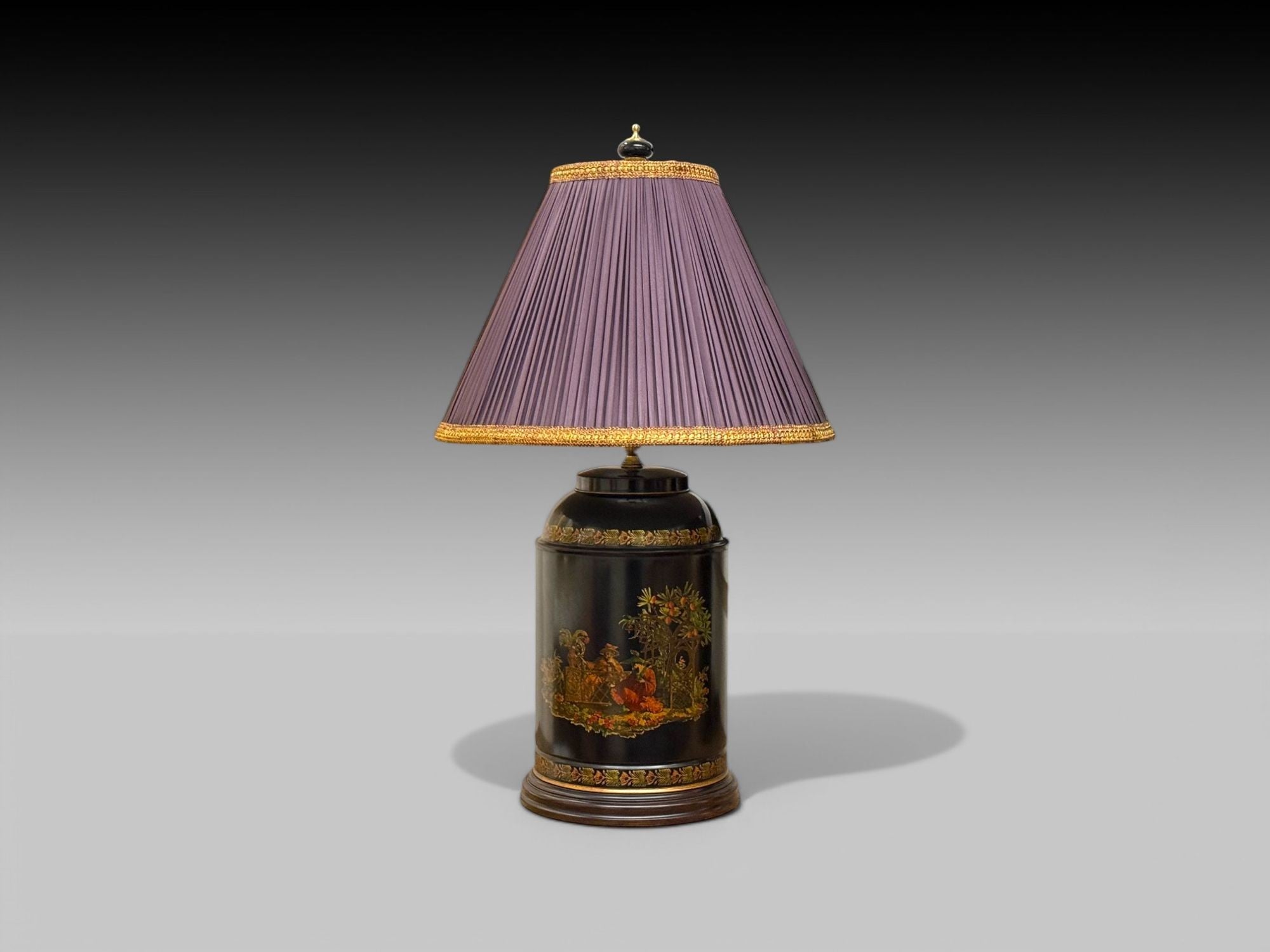 Chinese Export, Chinoiserie, Black Metal, Canister Lamps, Silk Shades, 1960s