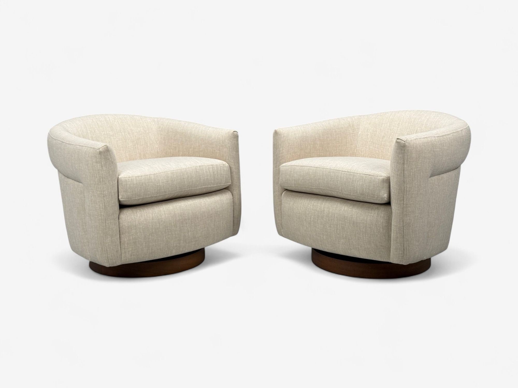 Milo Baughman, Beige Upholstery, Walnut, Tilt & Swivel Chairs, USA, 1970s