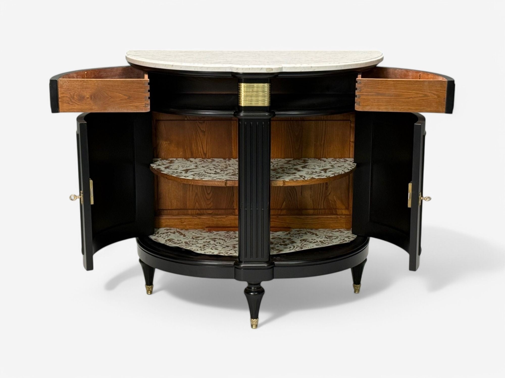 Louis XVI Style, Ebony, Bronze, Marble, Demi Lune Server, France, 1930s
