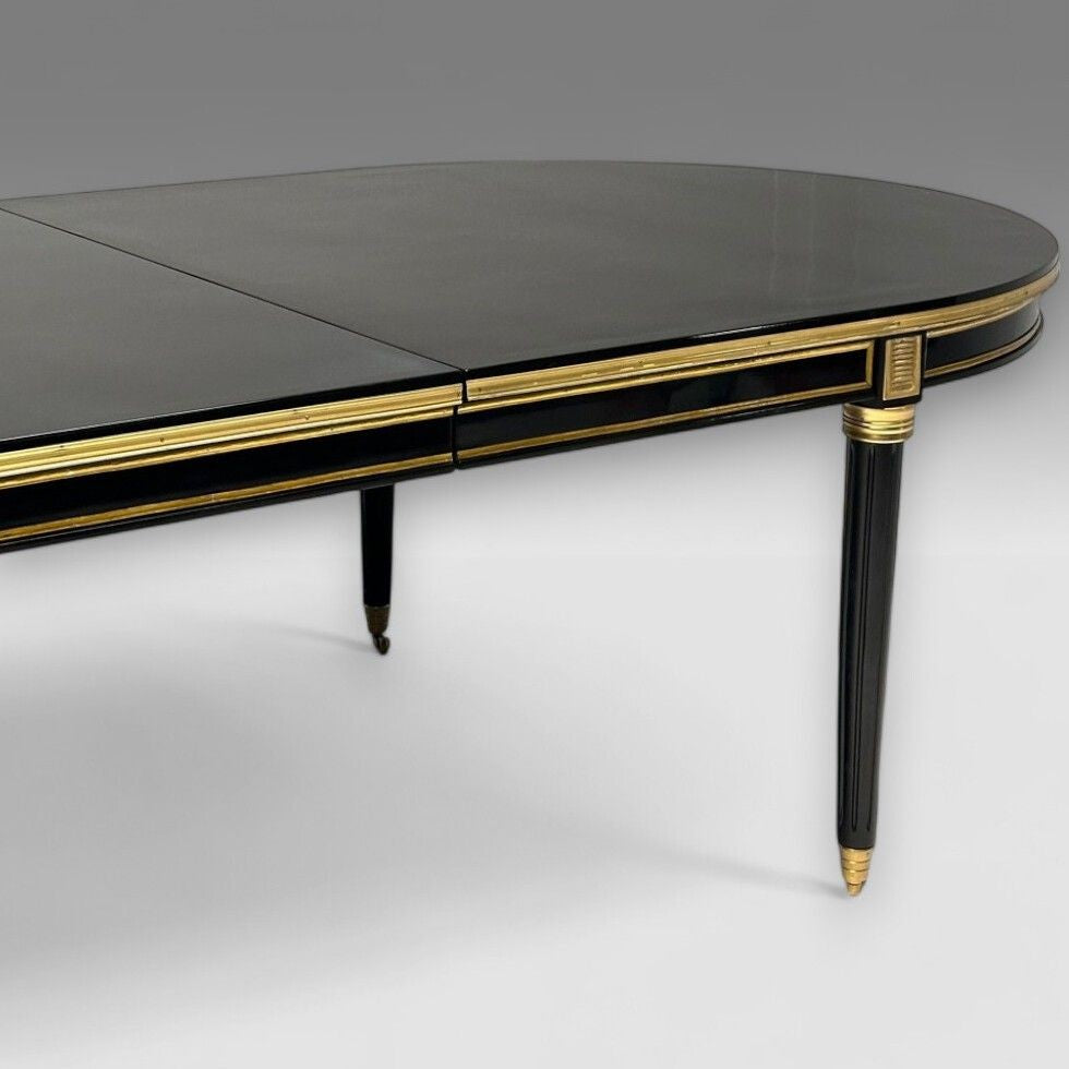 Maison Jansen Style, Hollywood Regency, Dining Table, Black Lacquer, Bronze