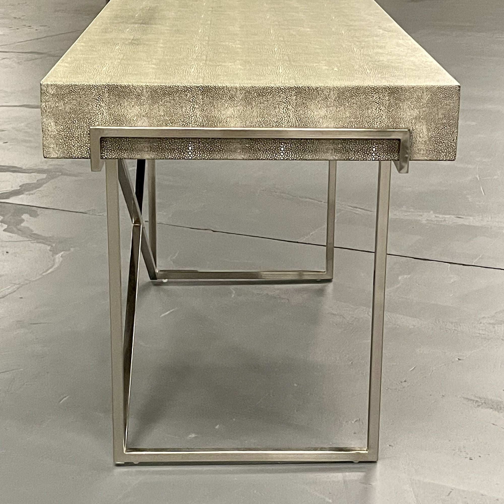 Modern Karl Springer Style Three-Drawer Faux Shagreen Desk/Writing Table, Chrome