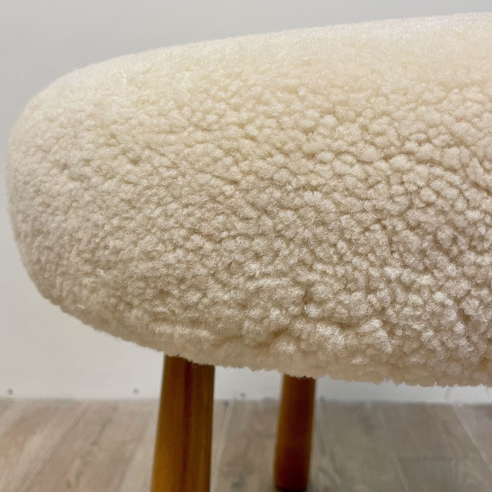 Swedish Modern Style, Beige Sheepskin, Stained Wood, Ottoman or Footstool