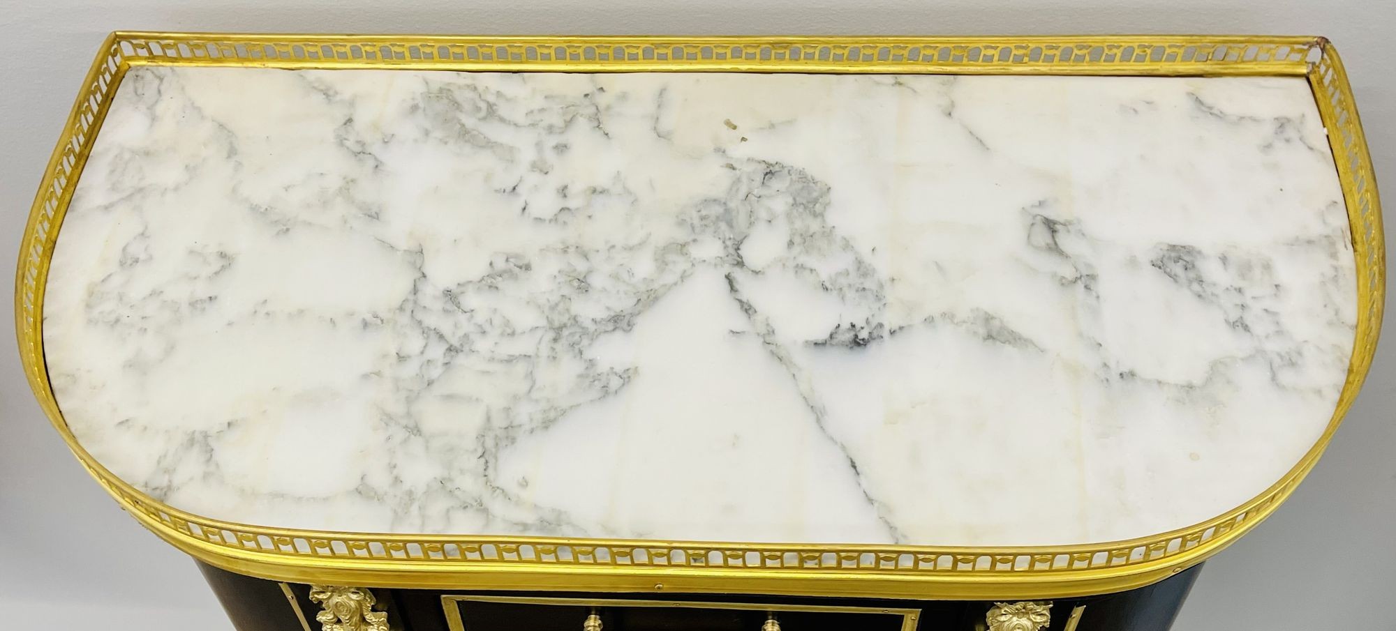 Pair of Jansen Inspired Marble-Top Galleried Ebonized End Tables / Nightstands