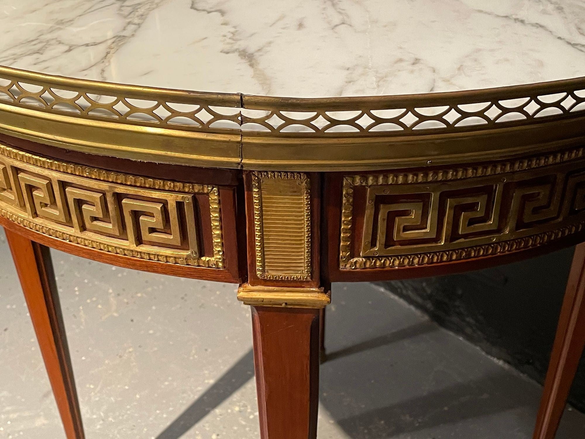 Pair of Marble Top Greek Key Bouillotte or End Tables, Manner of Jansen