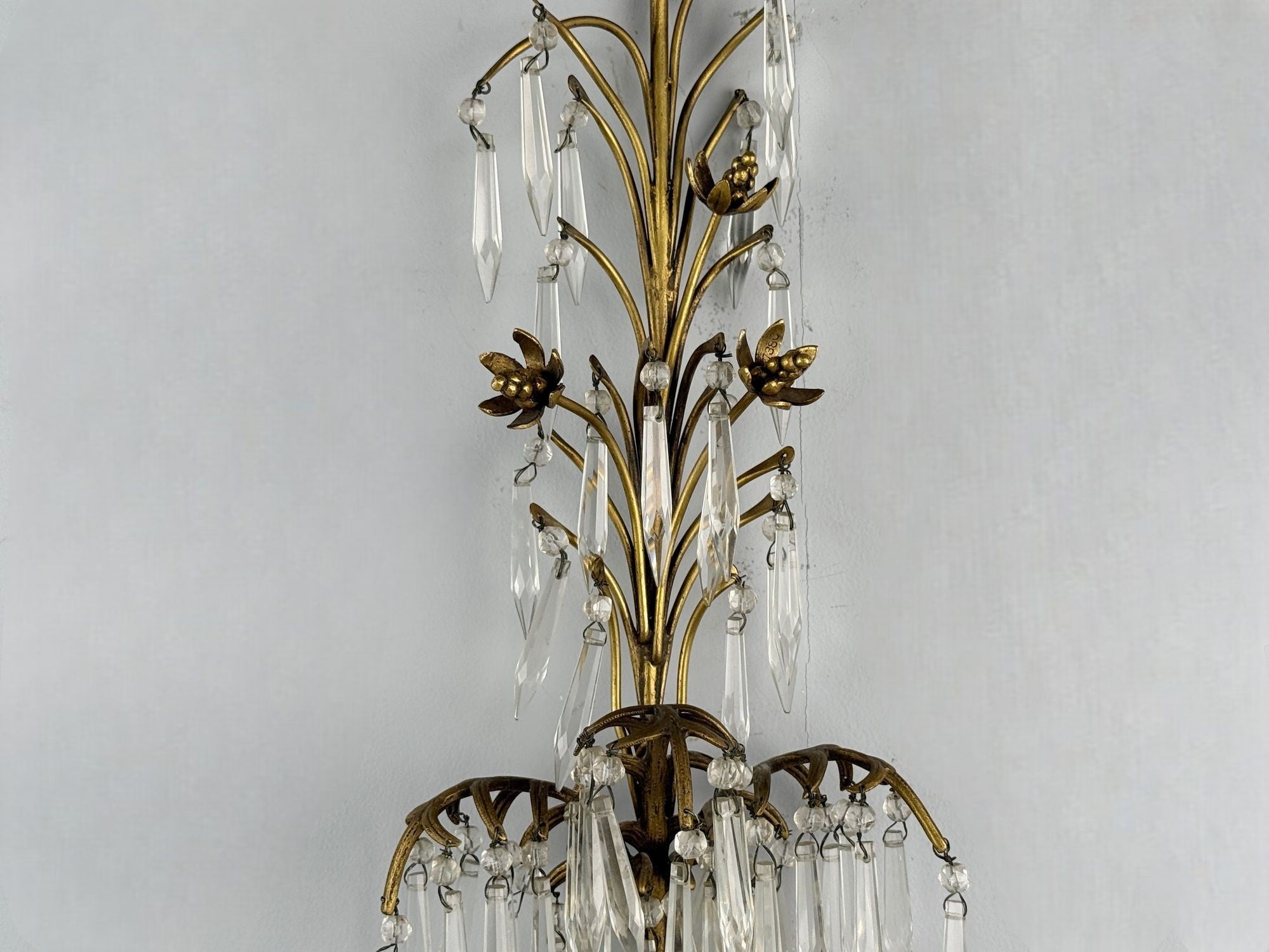 French Louis XV, Bronze, Cut Crystal, Large Wall Sconces, France, 1930s