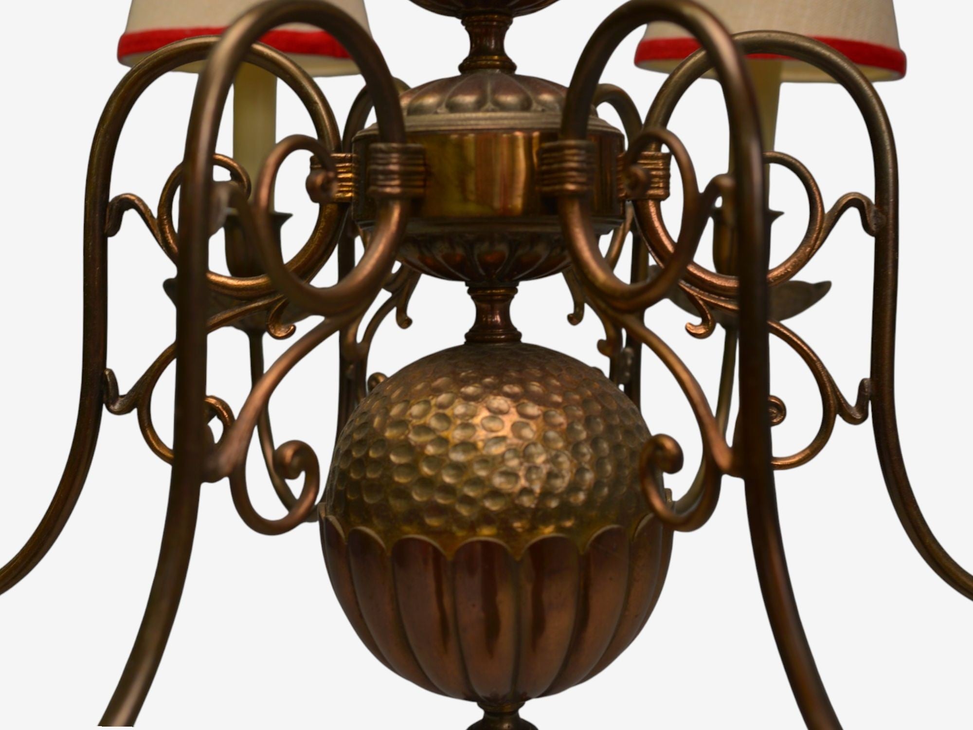 Baroque, Hammered Brass, Bronze, Fabric, Pendant Light, 1950s