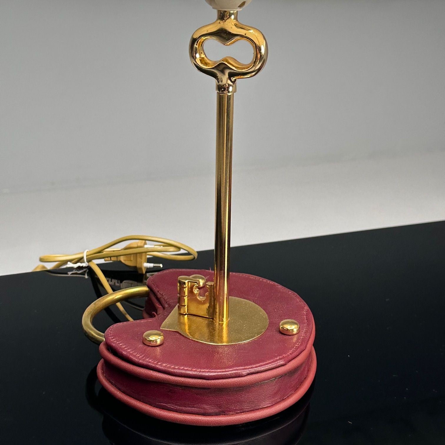 Cartier Style, Modern Key Table Lamps, Red Leather, Brass, Paper Shades