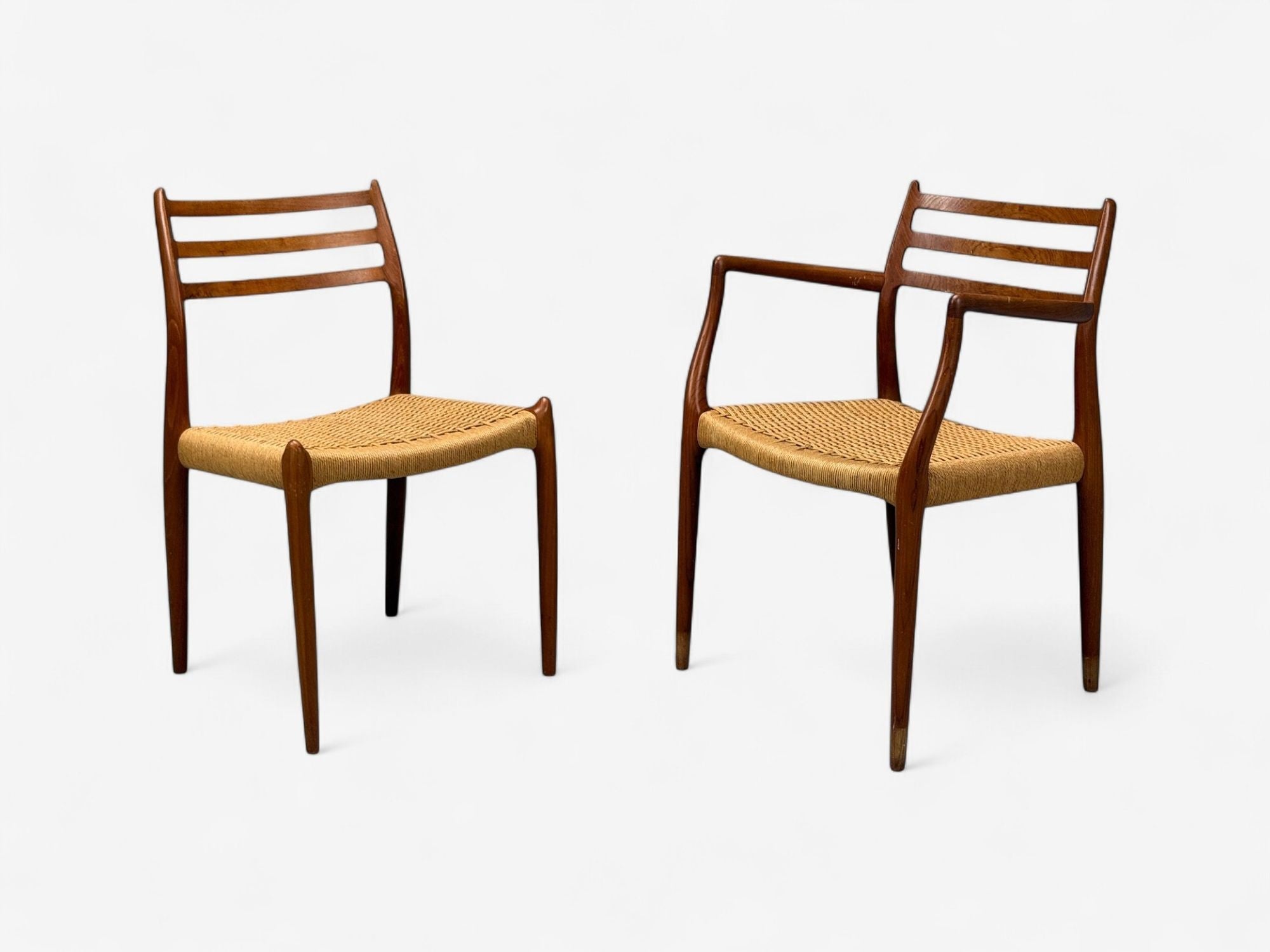 Neils O. Möller, Danish Papercord, Teak, Dining Chairs, Denmark, 1950s