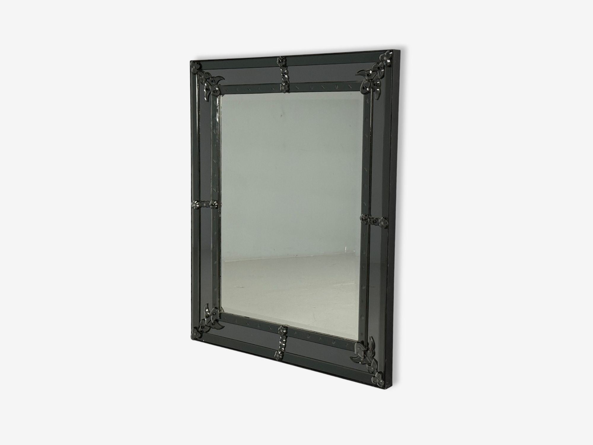 American Modern, Etched Glass, Grey Shadowbox Mirror, USA, 1980s