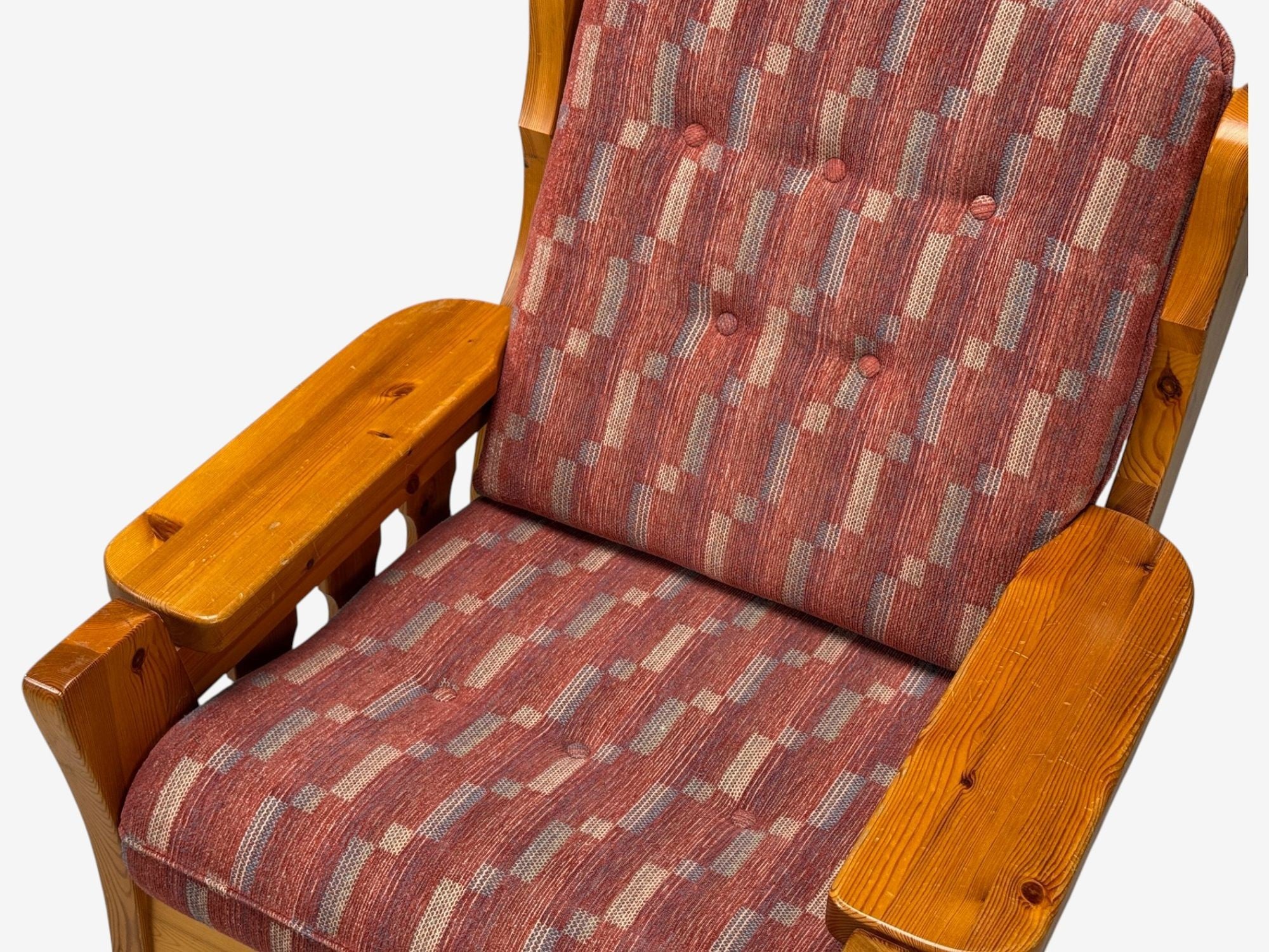 Swedish Modern, Pine, Red Fabric, Brutalist Lounge Chairs, Sweden, 1950s