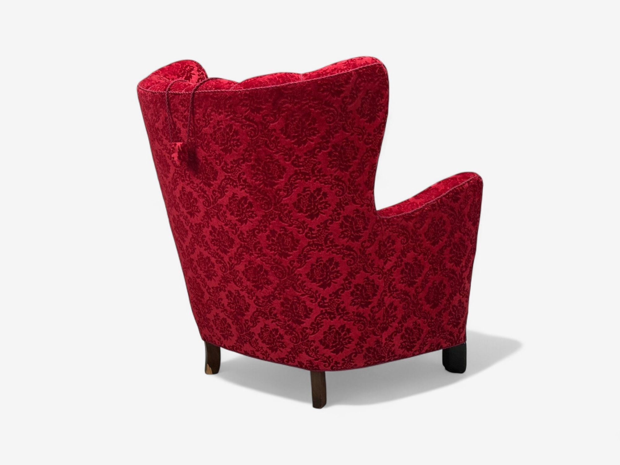Danish Cabinetmaker, Red Damask, Wood, Lounge Chair, Denmark, 1950s