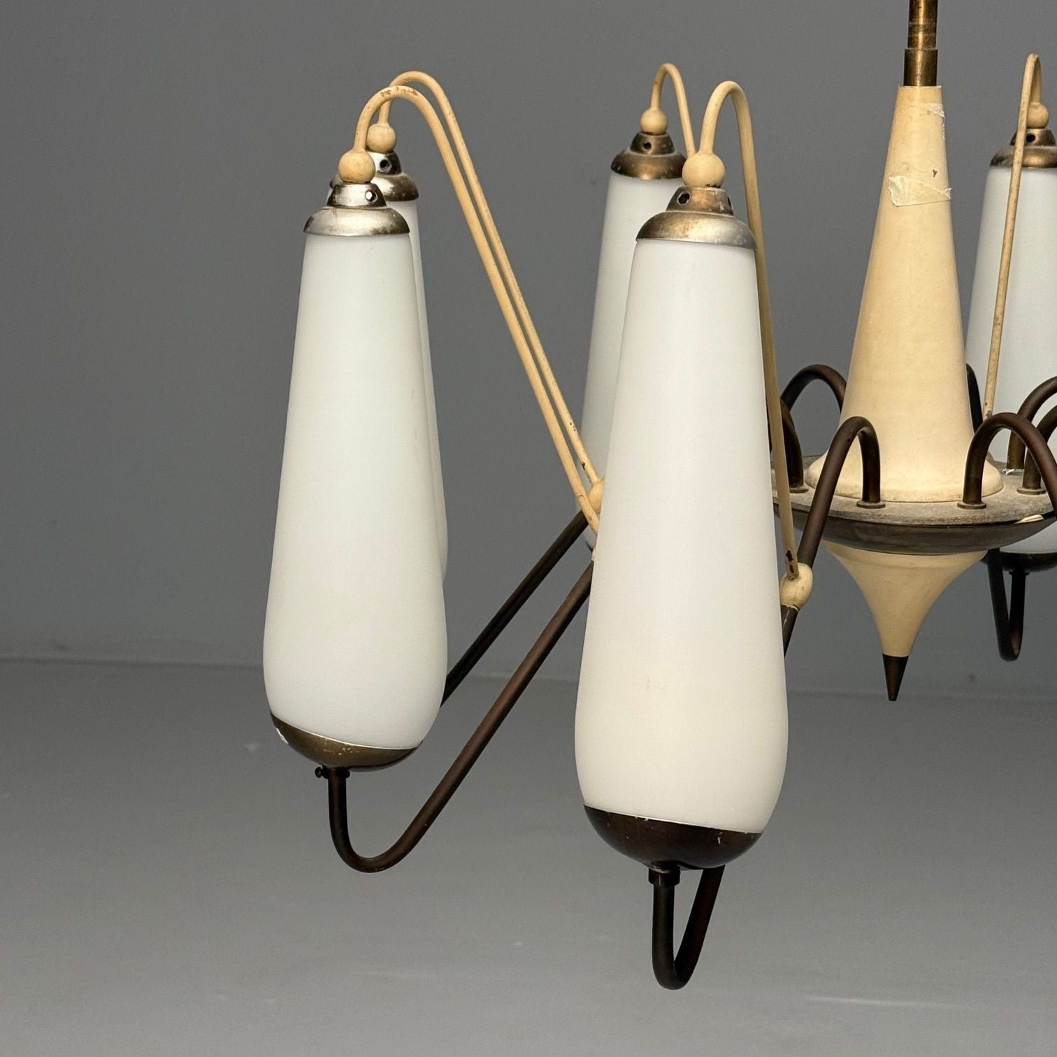 Italian Mid-Century Modern, Eight Light Chandelier, Brass, Metal, Opaline Glass