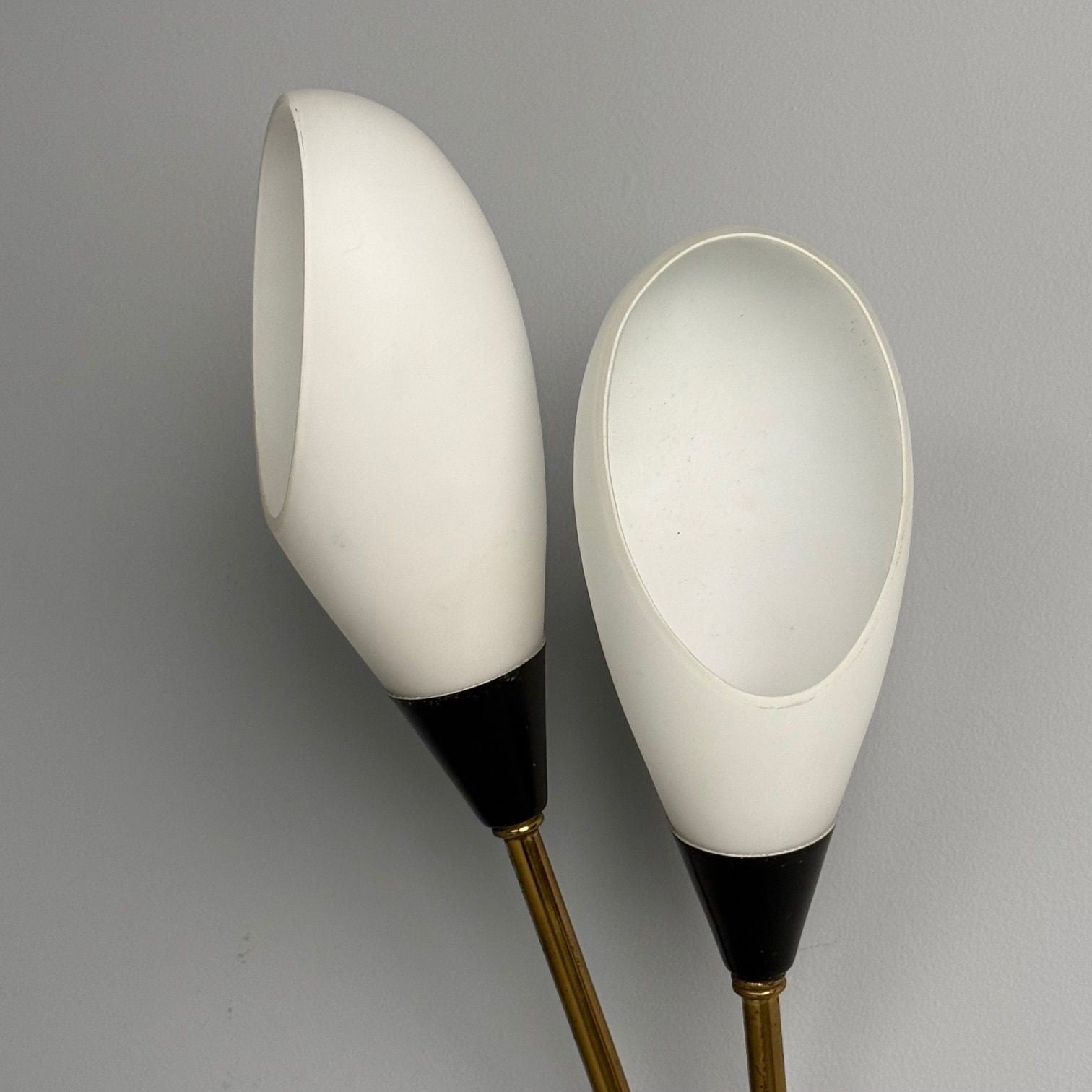 Italian Mid-Century Modern, Wall Sconces, Patinated Brass, Opaline Glass, Italy, 1950s