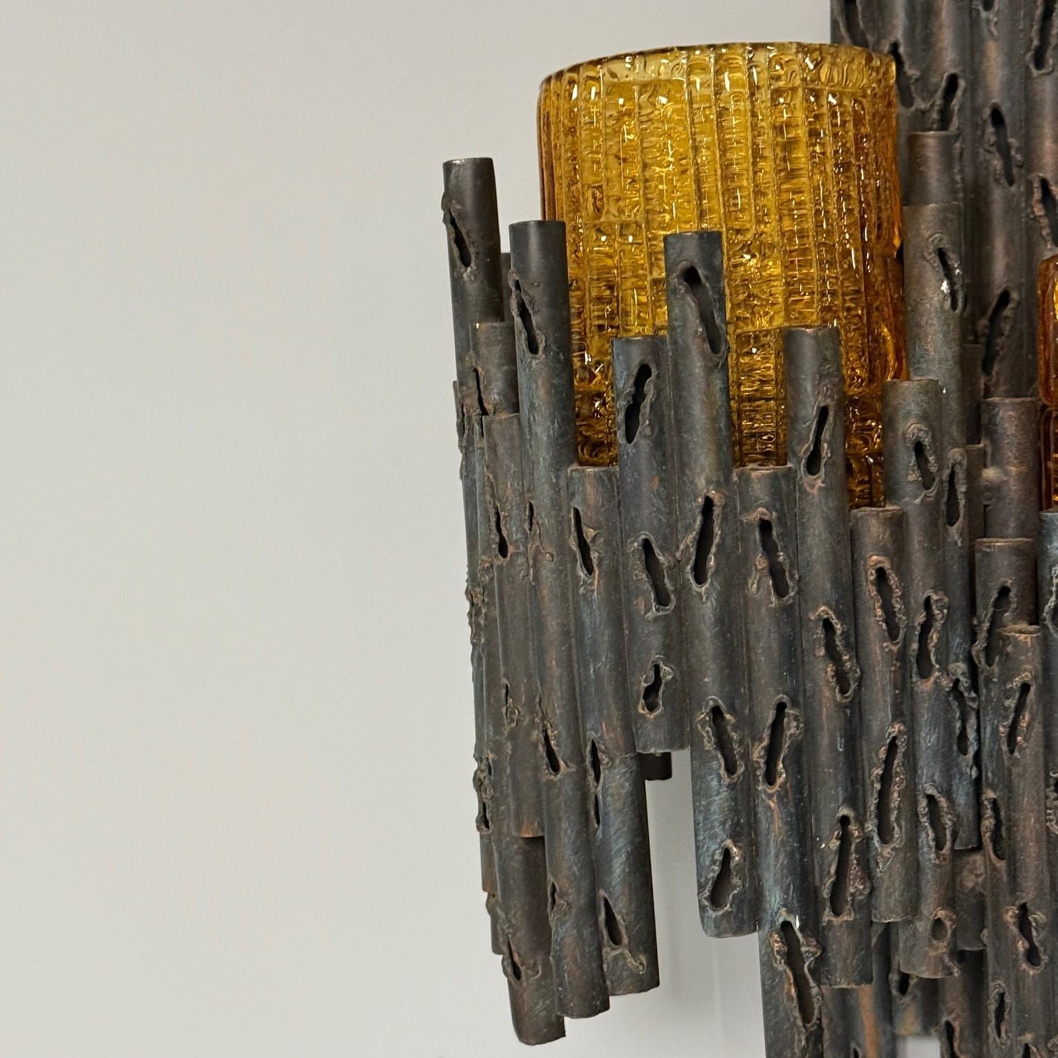 Marcello Fantoni, Brutalist Mid-Century Modern Wall Sconces, Wrought Iron, Glass