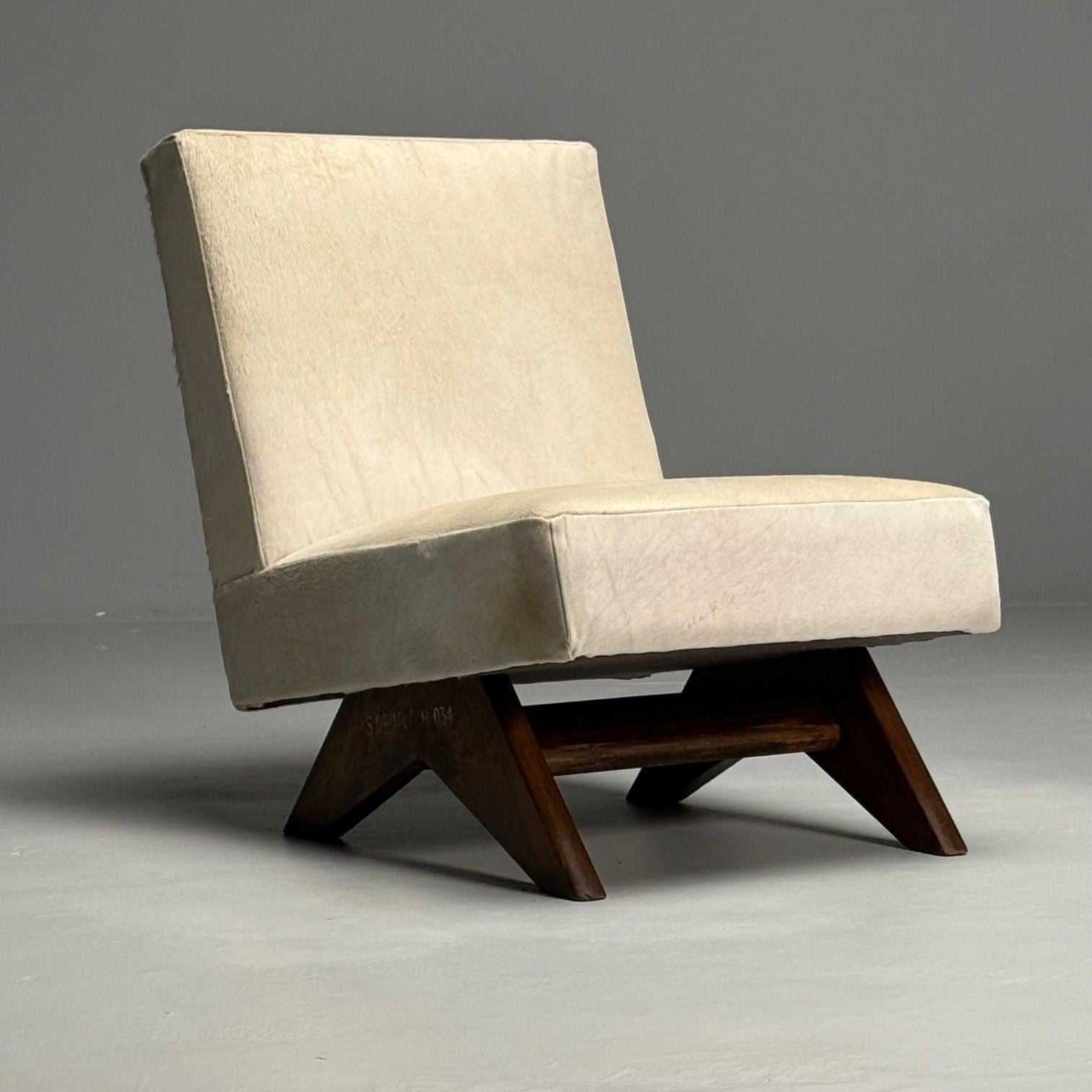 Pierre Jeanneret, White Cowhide, Teak, Fireside Chairs, India c. 1960s