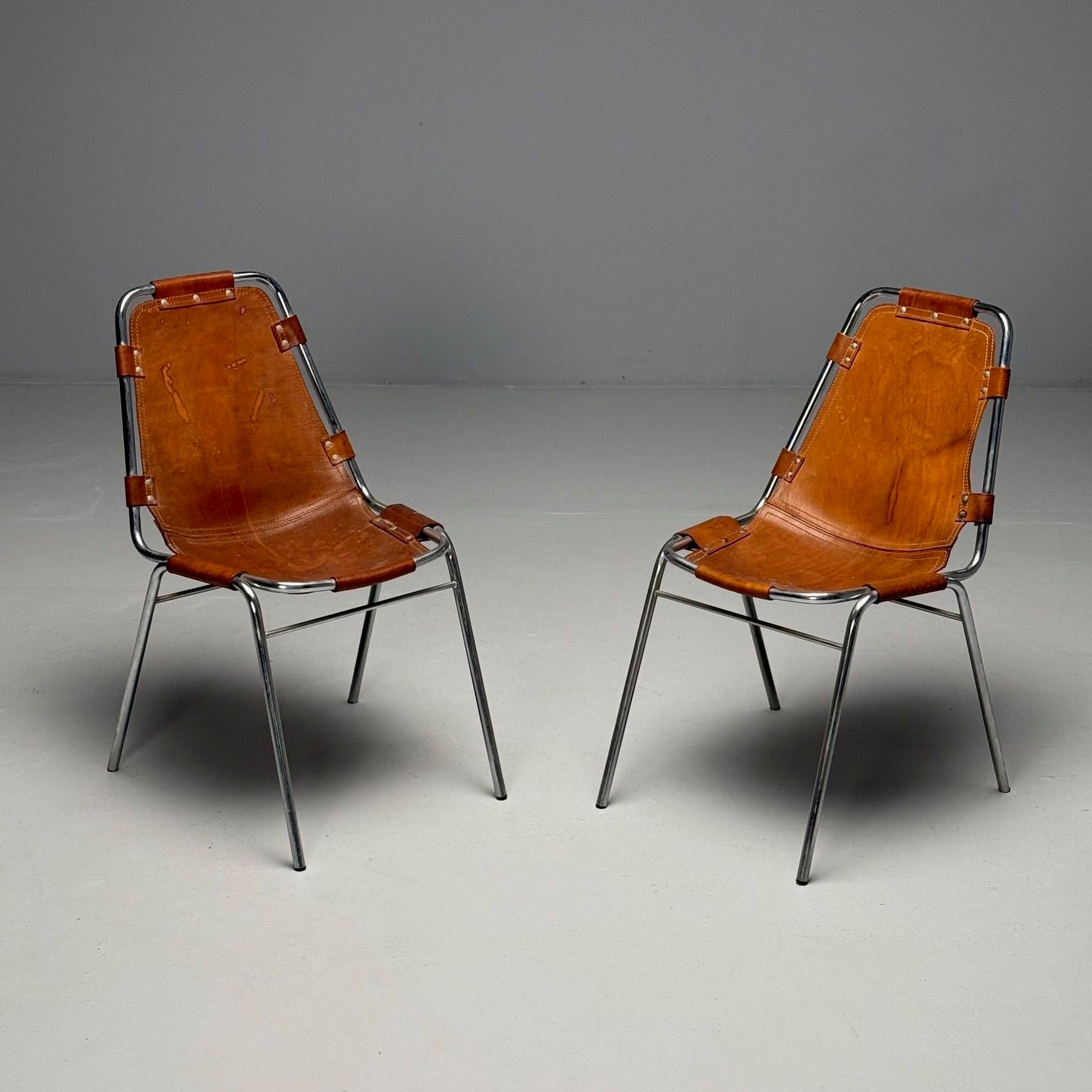 Charlotte Perriand, French Mid-Century Modern, Dining Chairs, Distressed Leather