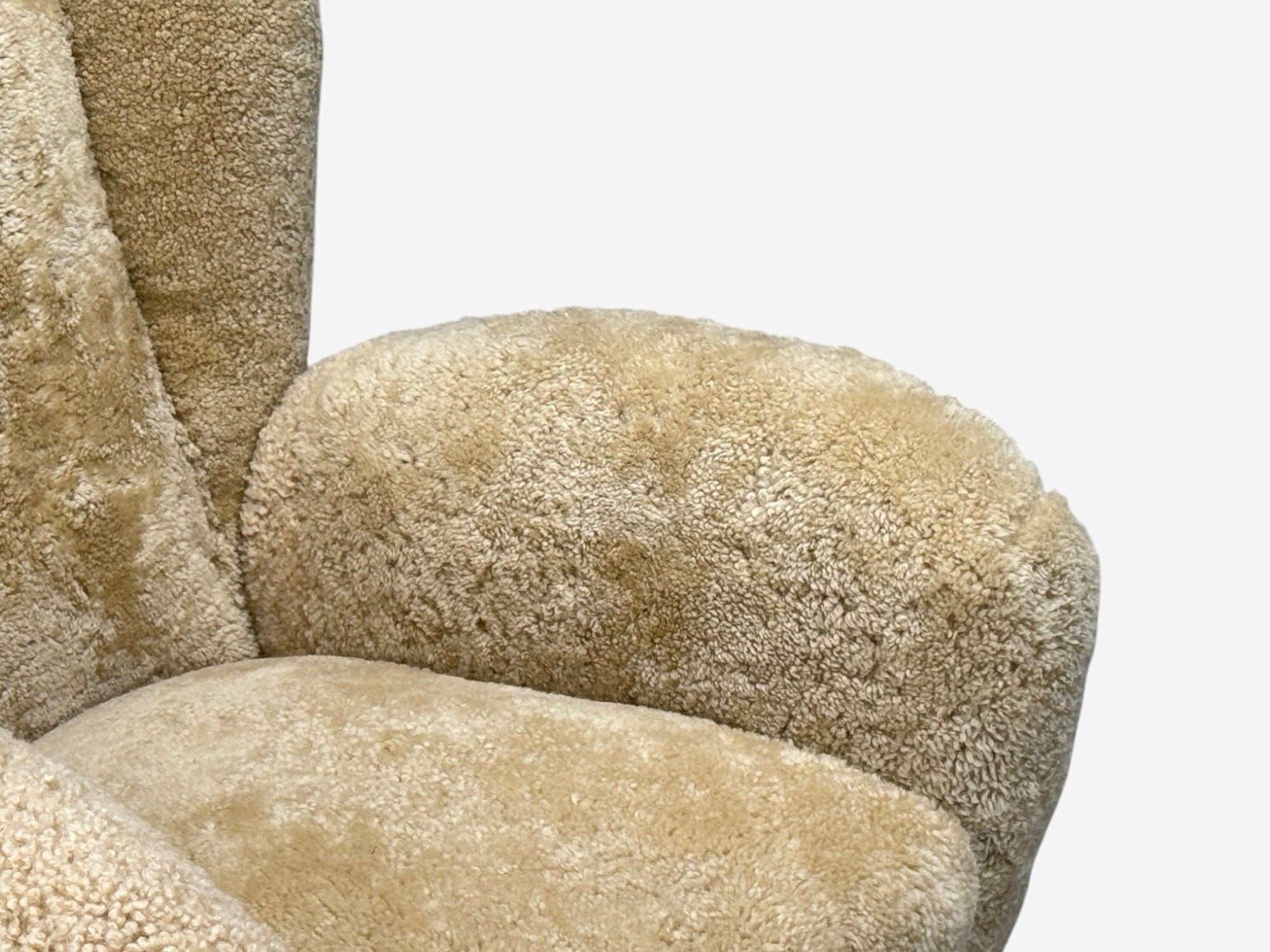 Meroni & Fossati, Beige Shearling, Stained Wood, Lounge Chairs, Italy, 1950s