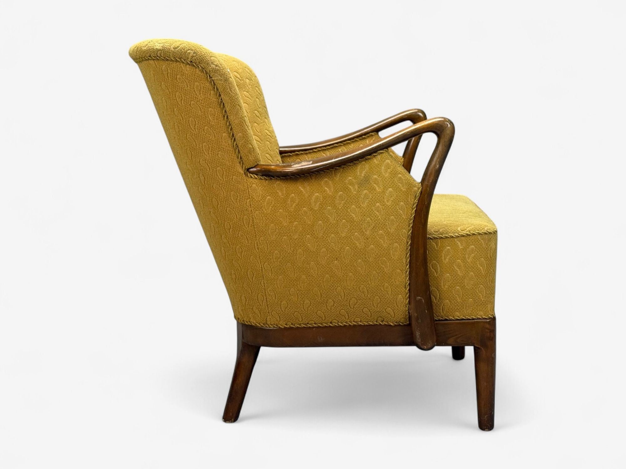 Slagelse Mobelvaerk, Fabric, Wood, Sculptural Arm Chair, Denmark, 1960s