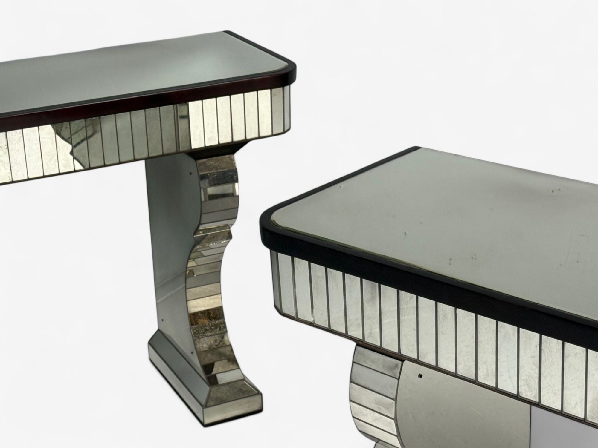 Serge Roche Style, Distressed Glass, Painted Wood, Mirrored Console Tables