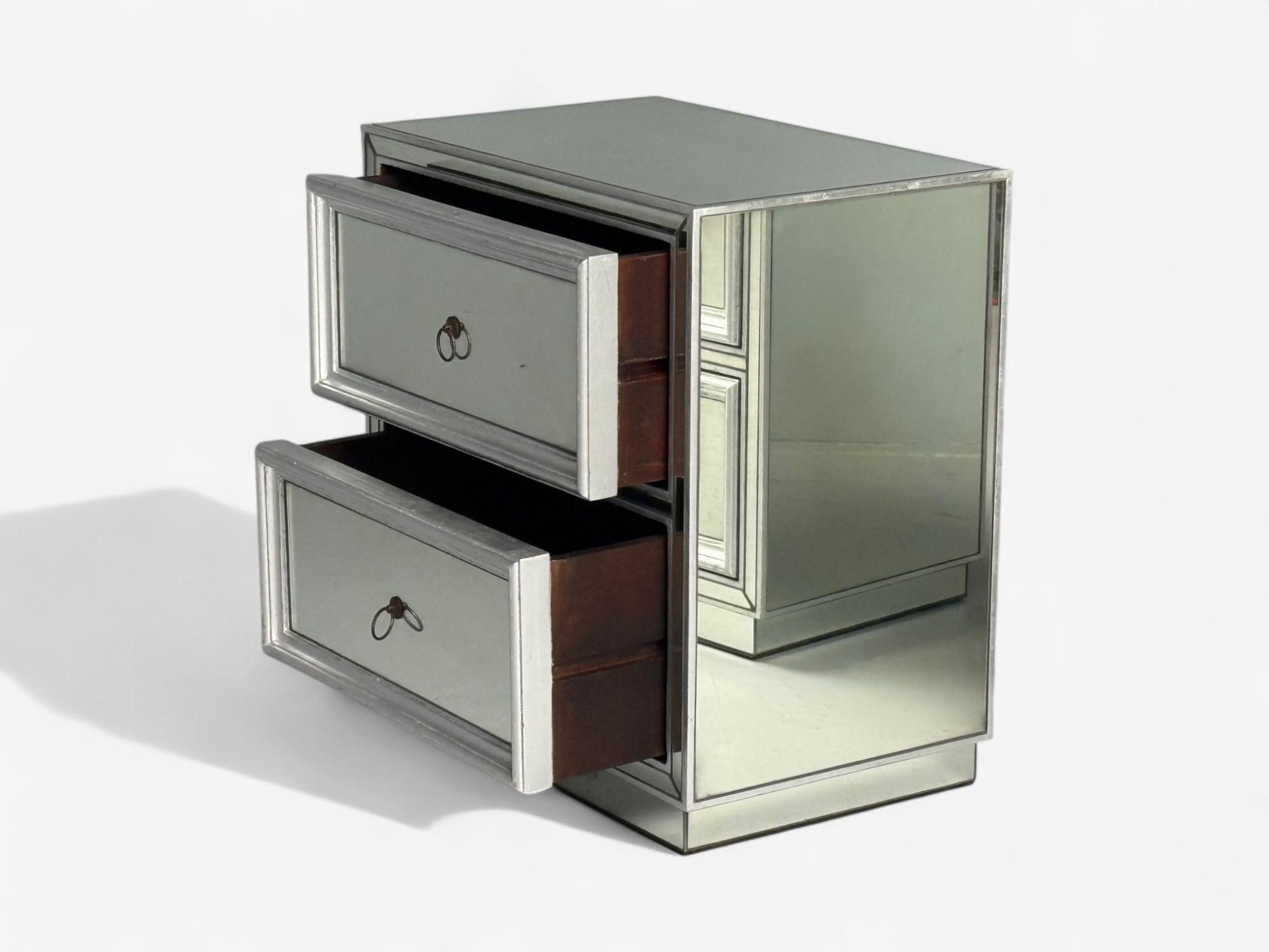 Hollywood Regency Style, Silver Leaf, Distressed Glass, Mirrored Nightstands