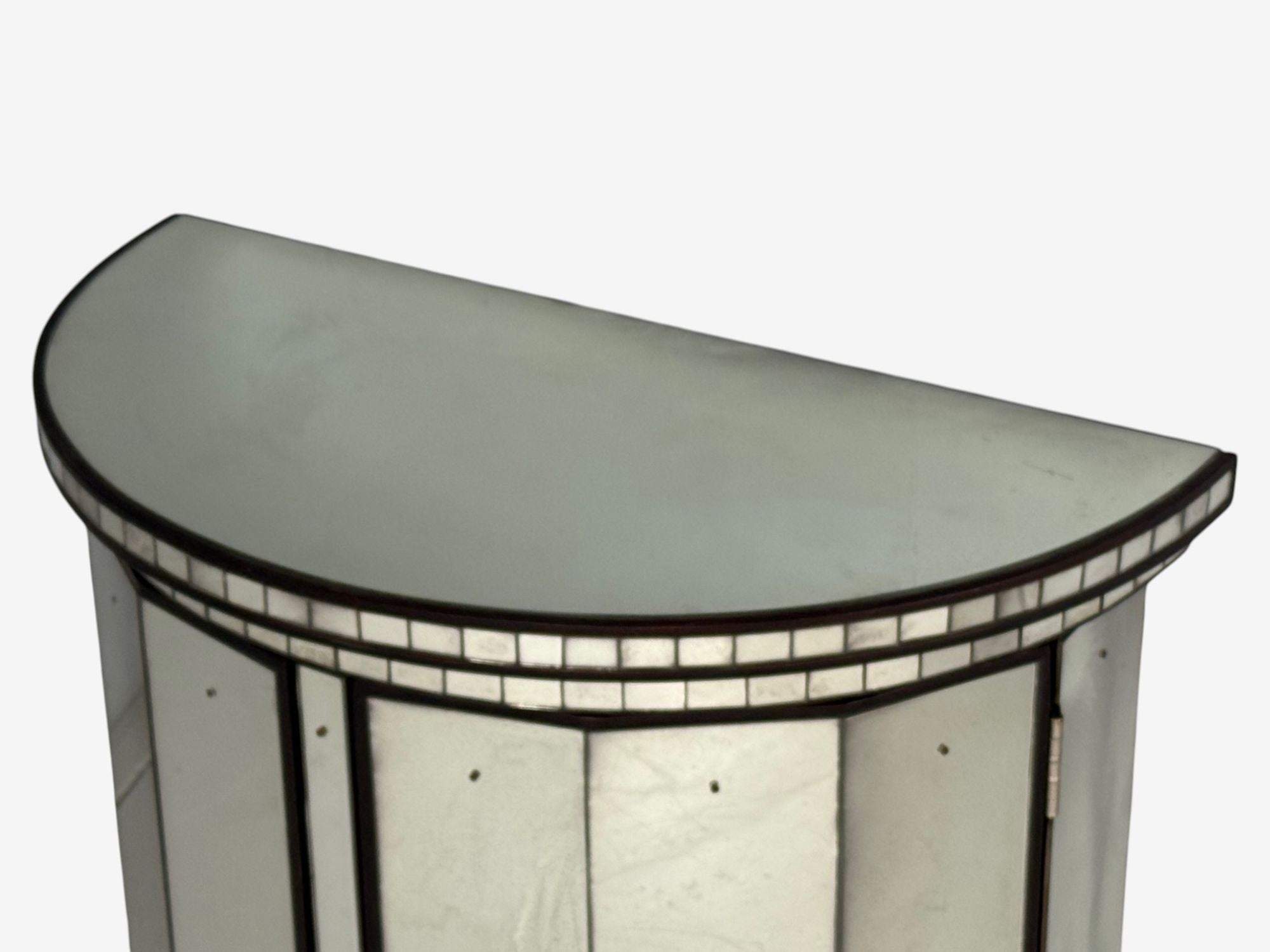 Hollywood Regency Style, Distressed Glass, Mirrored Demilune Cabinet