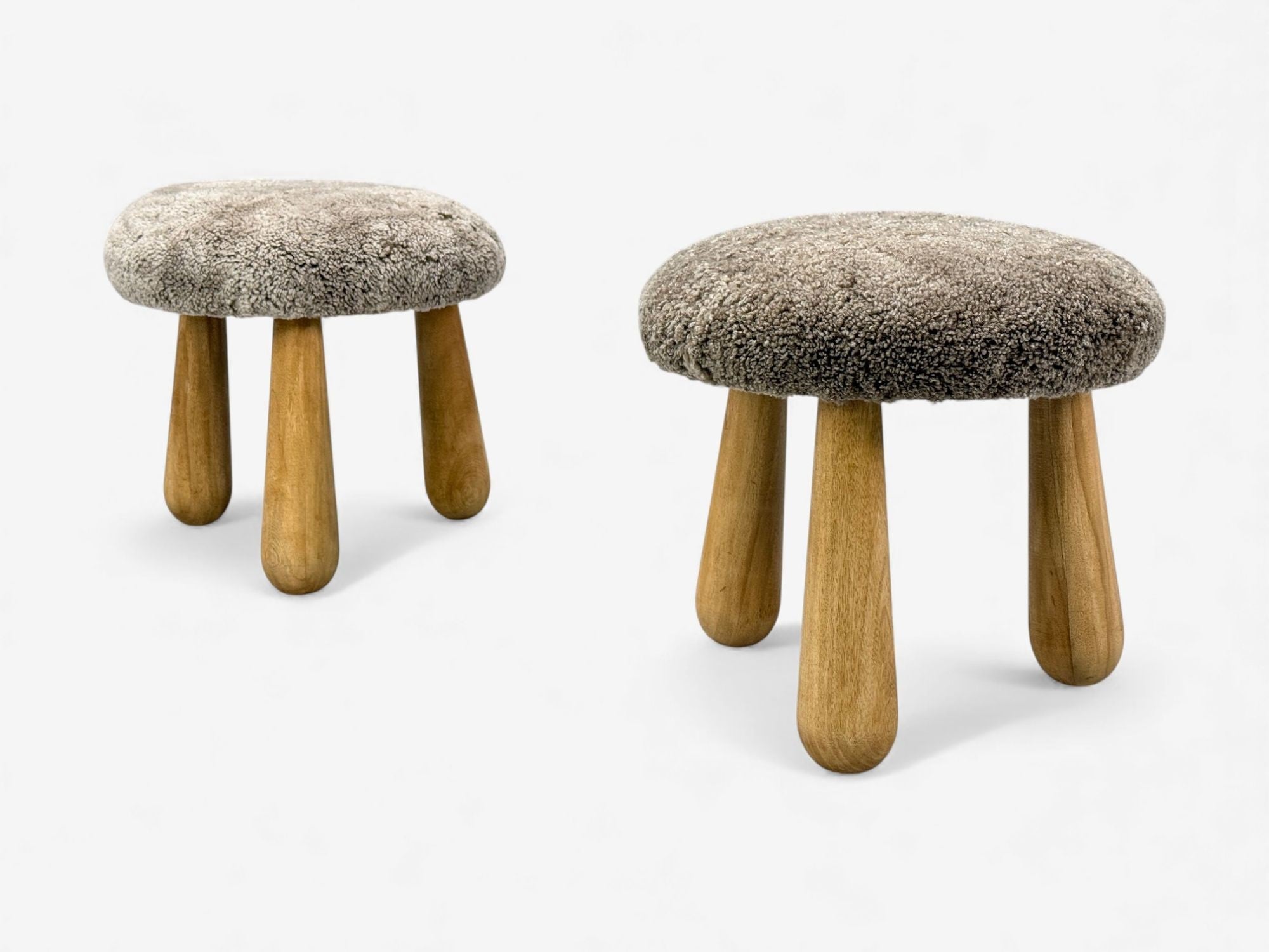 Danish Modern Style, Gray Sheepskin, Maple, Shearling Footstools, 21st c.