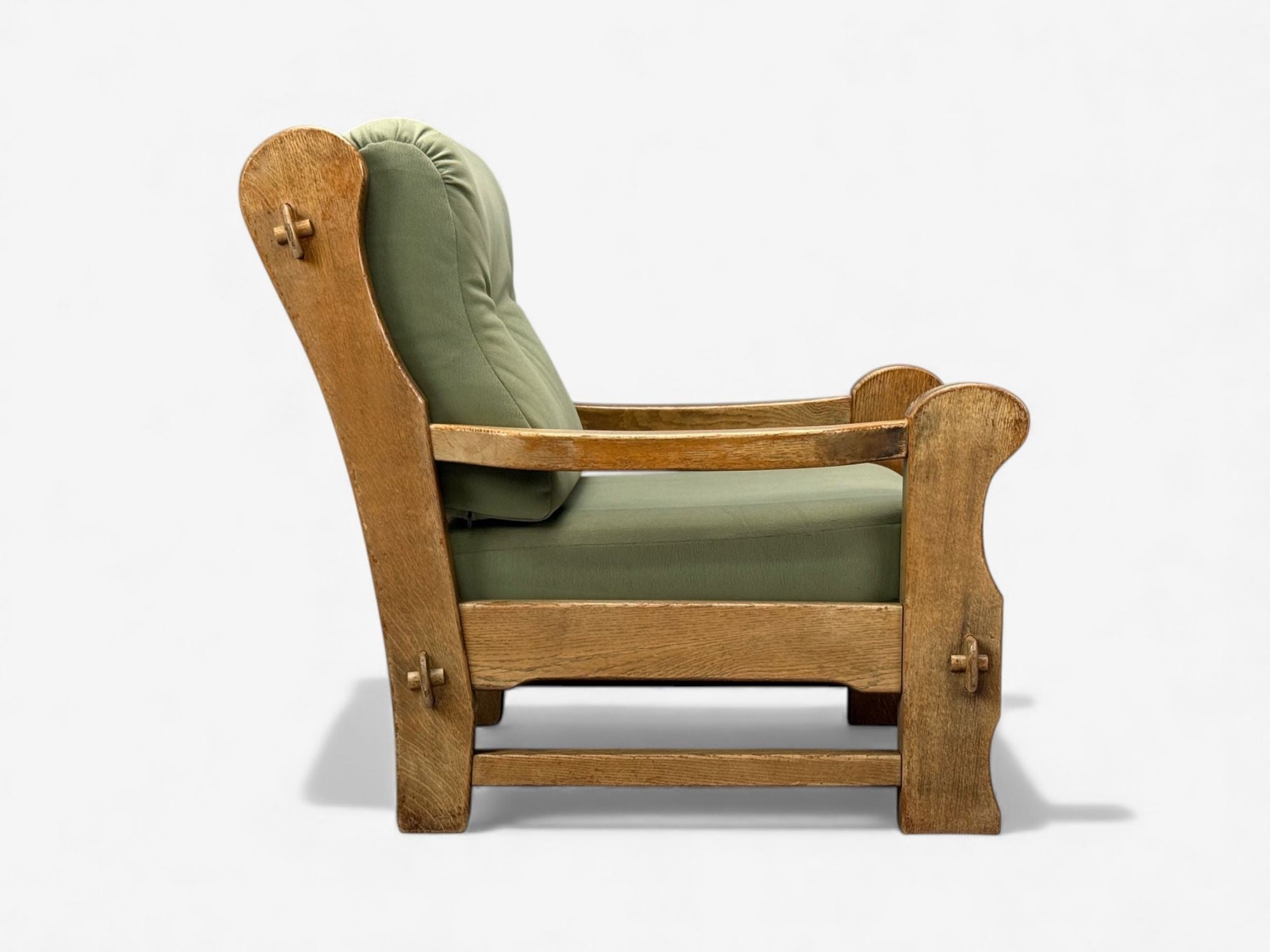 Danish Modern, Oak, Green Nubuck, Brutalist Lounge Chair, Denmark, 1960s