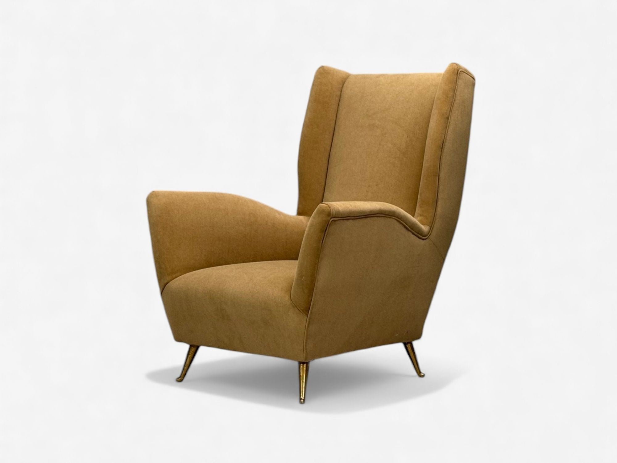 ISA Bergamo, Camel Velvet, Bronze, Wingback Chairs, Italy, 1950s