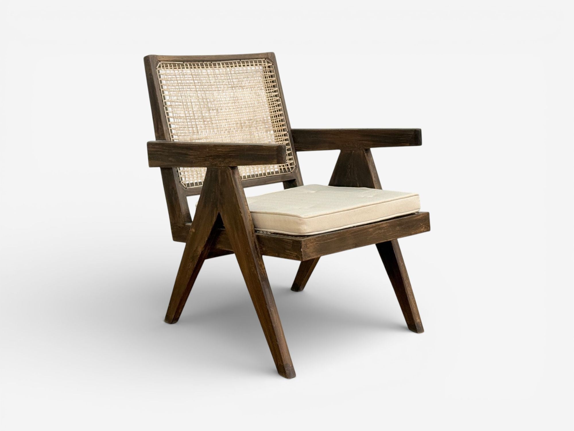 Pierre Jeanneret, Teak, Cane, Low Easy Chairs, Chandigarh, India c. 1960s