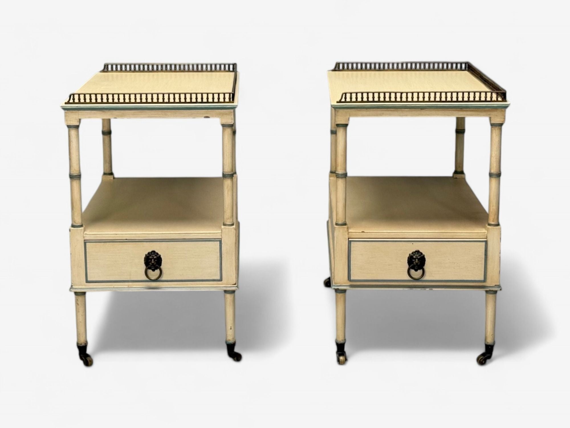 Kittinger, Hollywood Regency Style, Side Tables, Faux Bamboo Painted Wood, Brass
