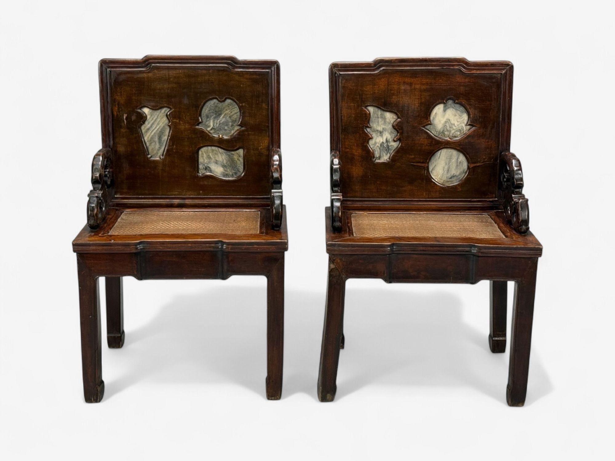 Qing Dynasty Style, Hardwood, Cane, Marble, Chinese Armchairs, China, 19th c.