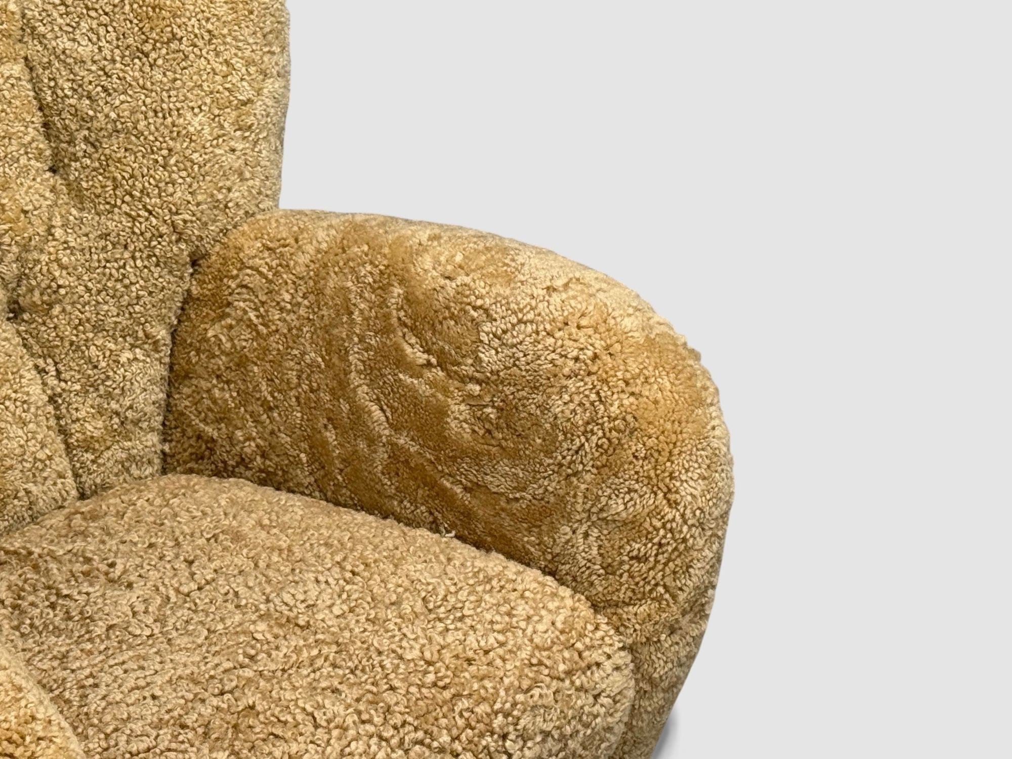 Finnish Modern, Organic Lounge Chairs, Shearling, Wood, Finland, 1940s