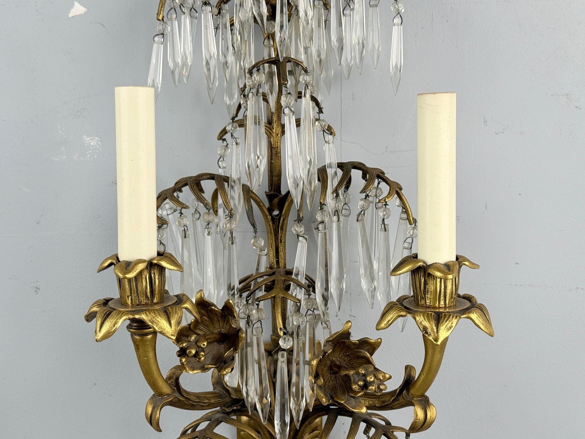 French Louis XV, Bronze, Cut Crystal, Large Wall Sconces, France, 1930s