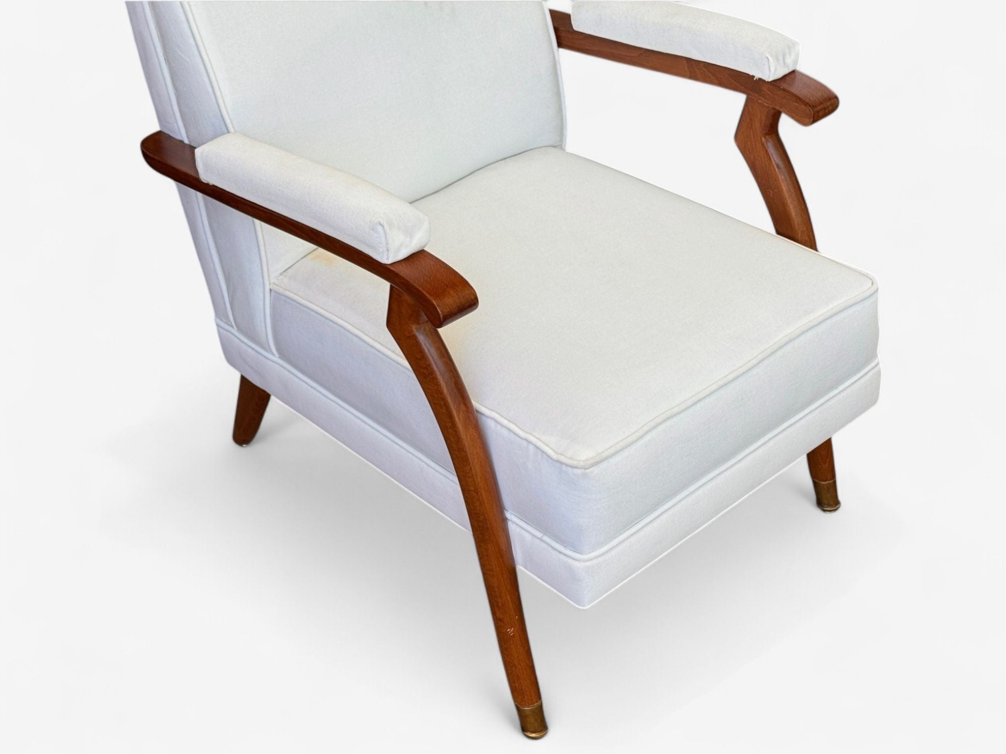 Maison Leleu Style, French Modern, White Mohair, Wood, Lounge Chairs, 1970s