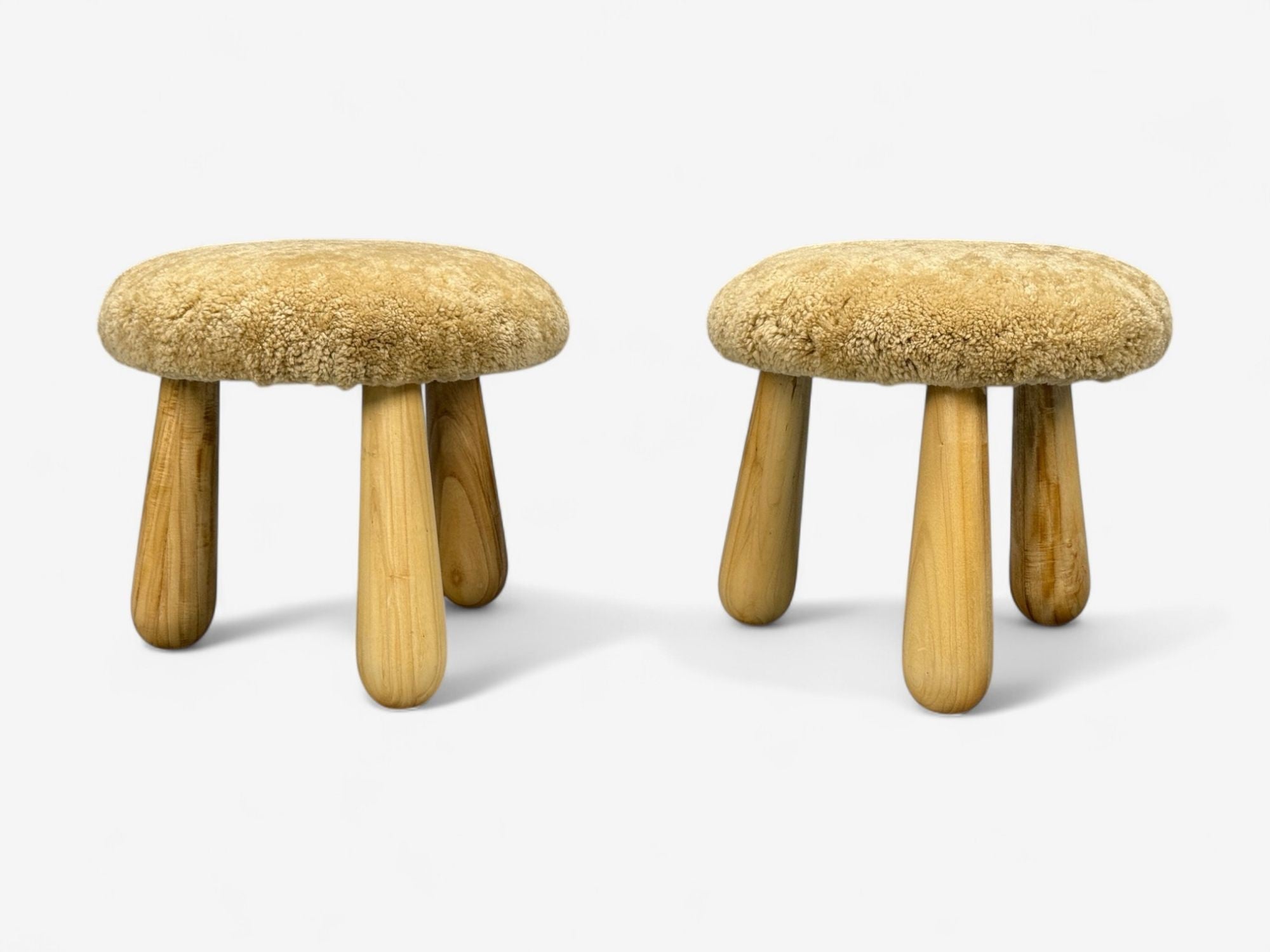 Danish Modern Style, Honey Sheepskin, Maple, Shearling Footstools, 21st C.