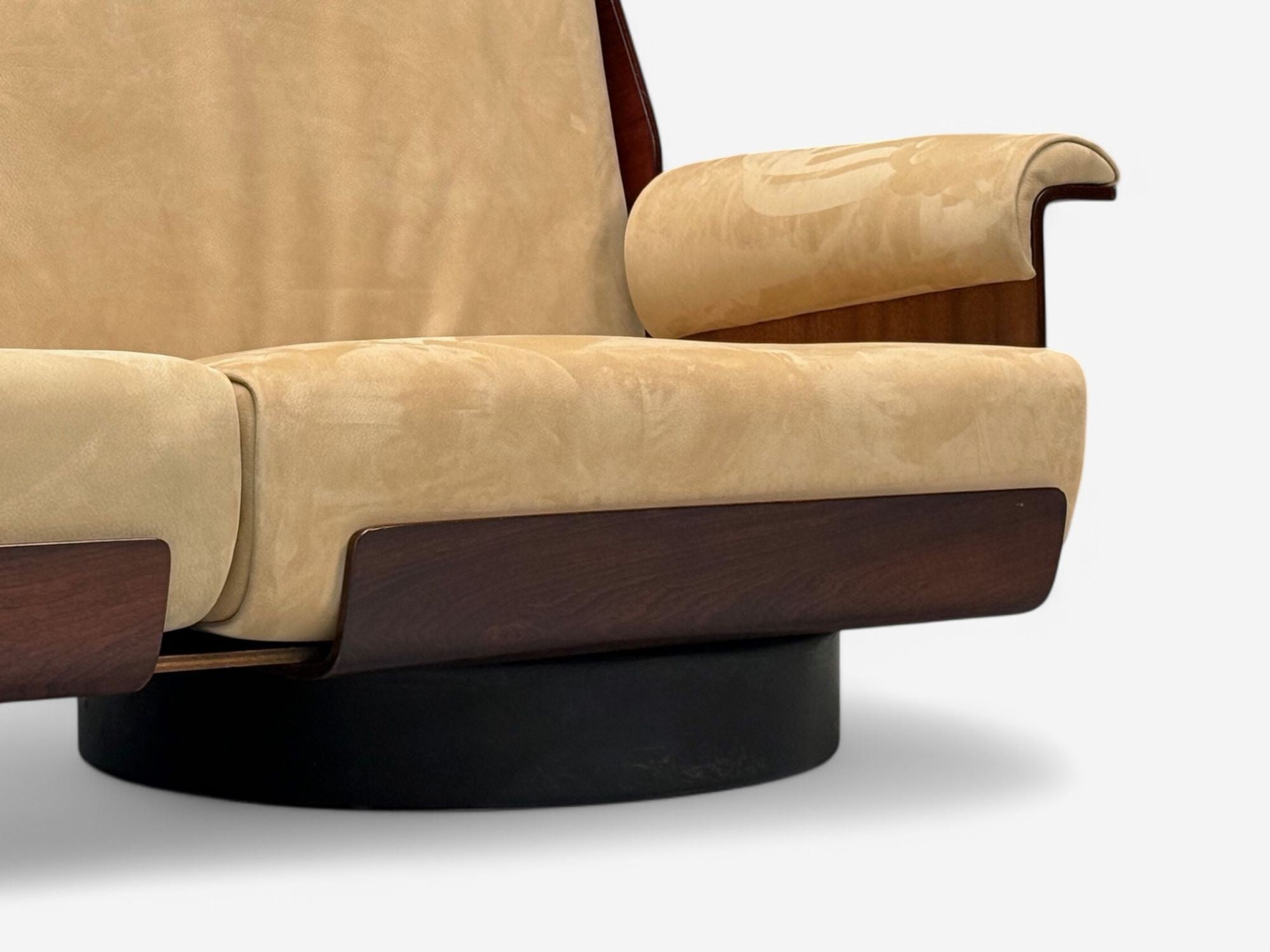 Bernard Brunier, French Mid-Century Modern, Rosewood, Suede, Settee, 1960s