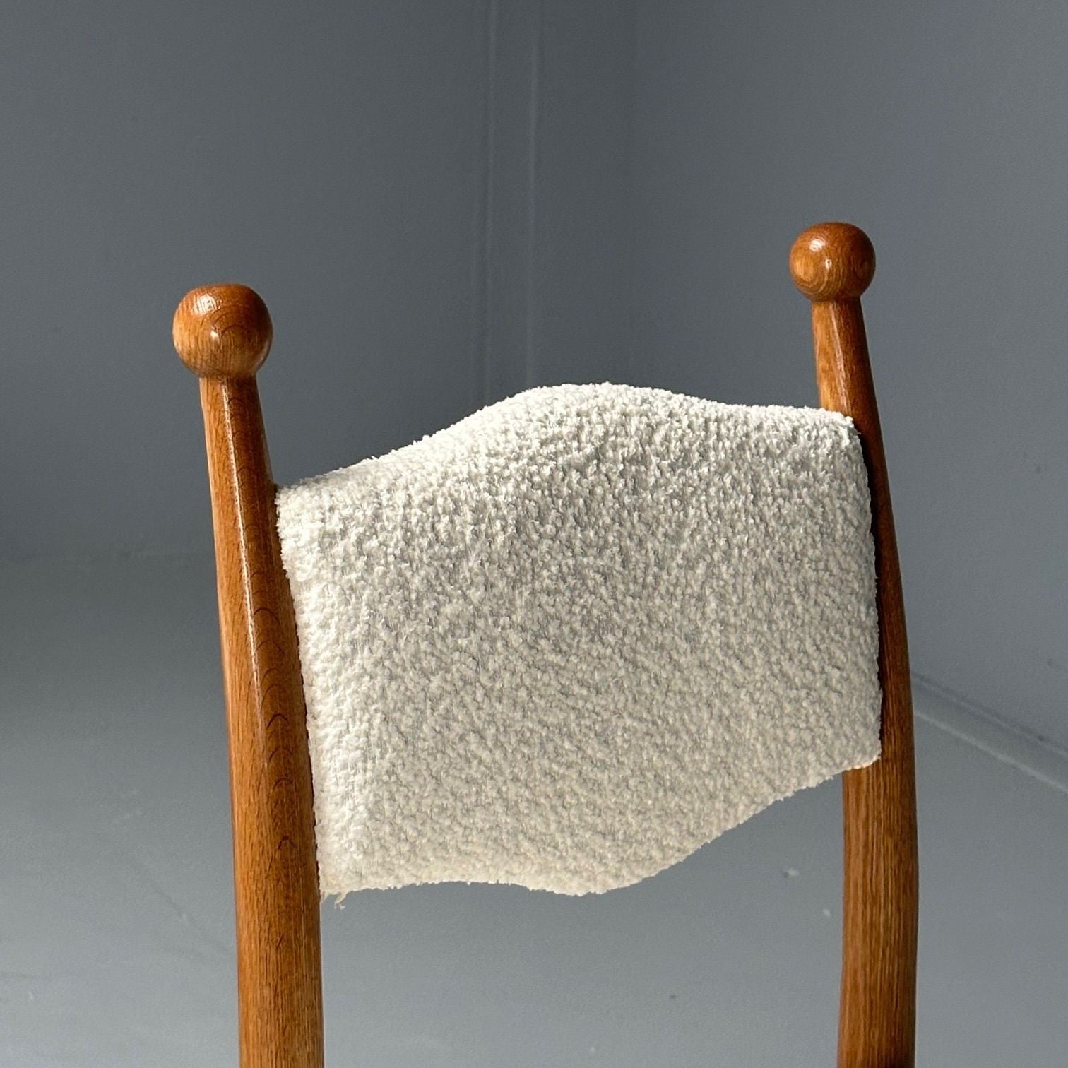 French Mid-Century Modern Style, Oak, White Boucle, Ten Dining Chairs, 21st C.