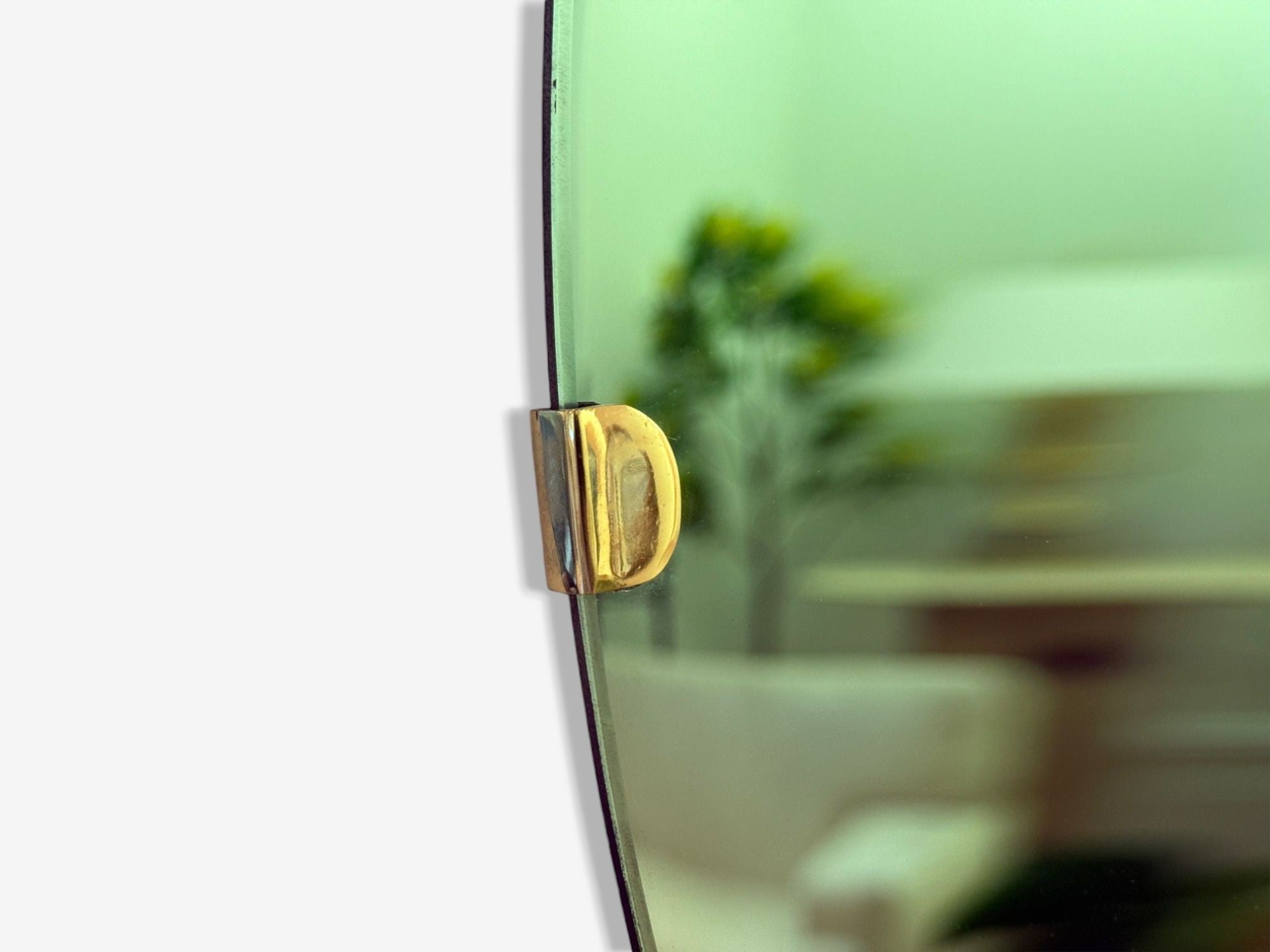 Contemporary, Concave Glass, Brass, Vintage Green Modern Space Age Wall Mirror