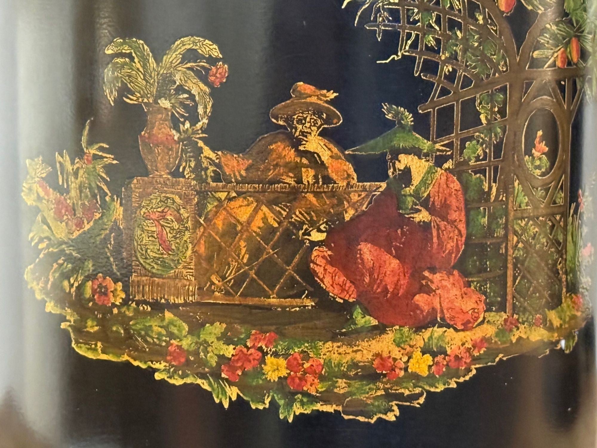 Chinese Export, Chinoiserie, Black Metal, Canister Lamps, Silk Shades, 1960s