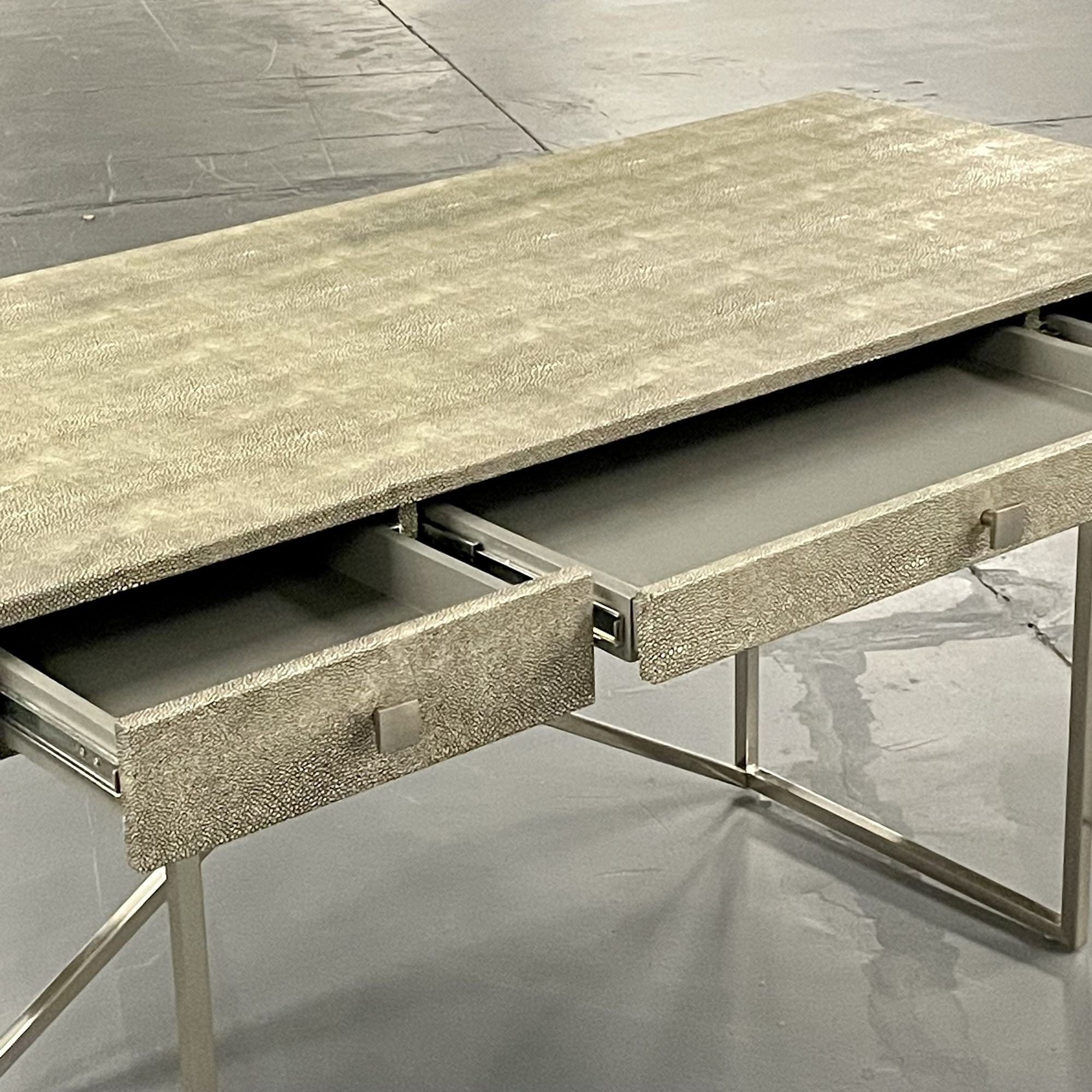 Modern Karl Springer Style Three-Drawer Faux Shagreen Desk/Writing Table, Chrome