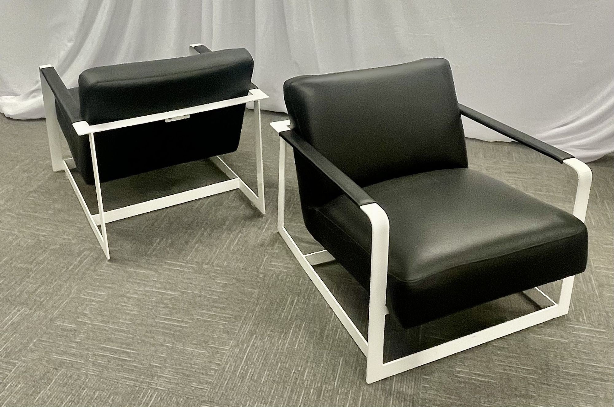 Pair of Mid-Century Modern Lounge Chairs, Leather, Steel Base, American, 1980s