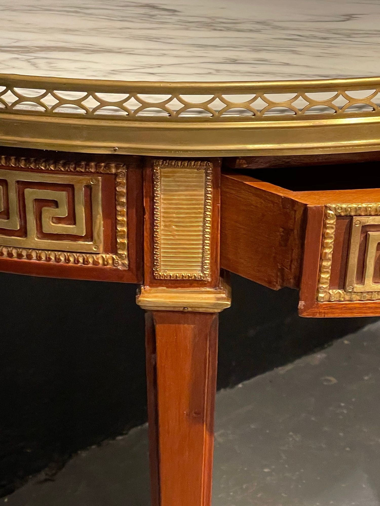 Pair of Marble Top Greek Key Bouillotte or End Tables, Manner of Jansen