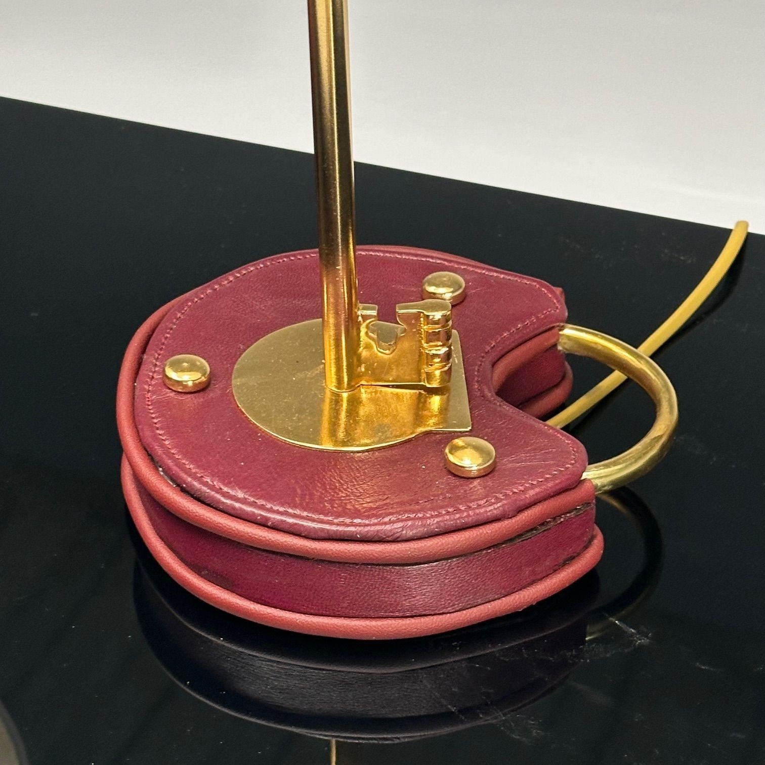 Cartier Style, Modern Key Table Lamps, Red Leather, Brass, Paper Shades