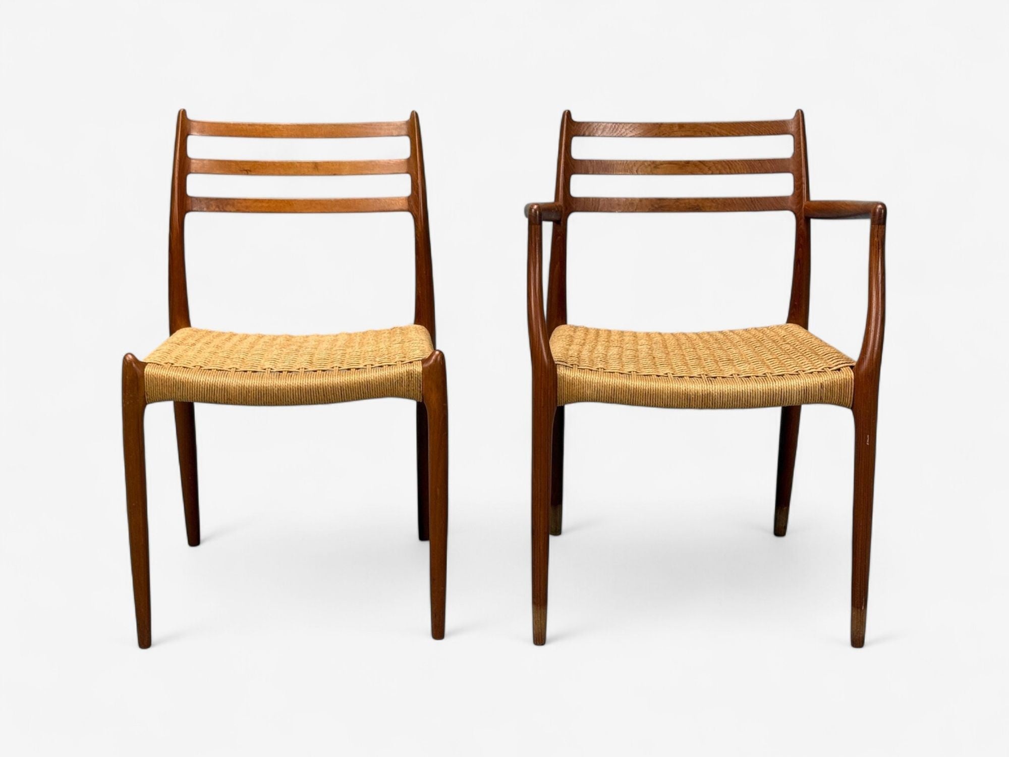 Neils O. Möller, Danish Papercord, Teak, Dining Chairs, Denmark, 1950s