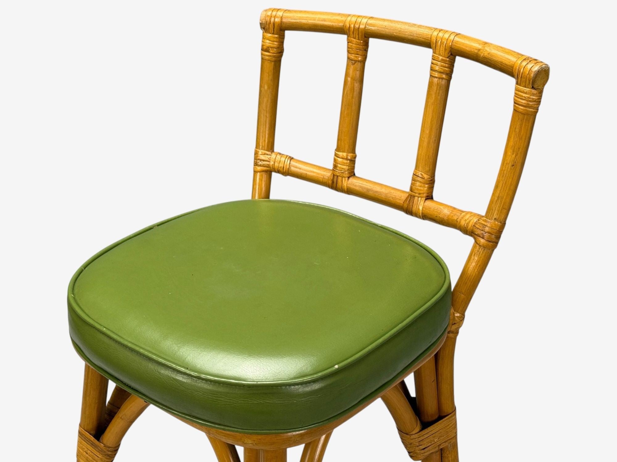 Dutch Modern, Bamboo, Green Leather, Five Barstools, Netherlands, 1970s